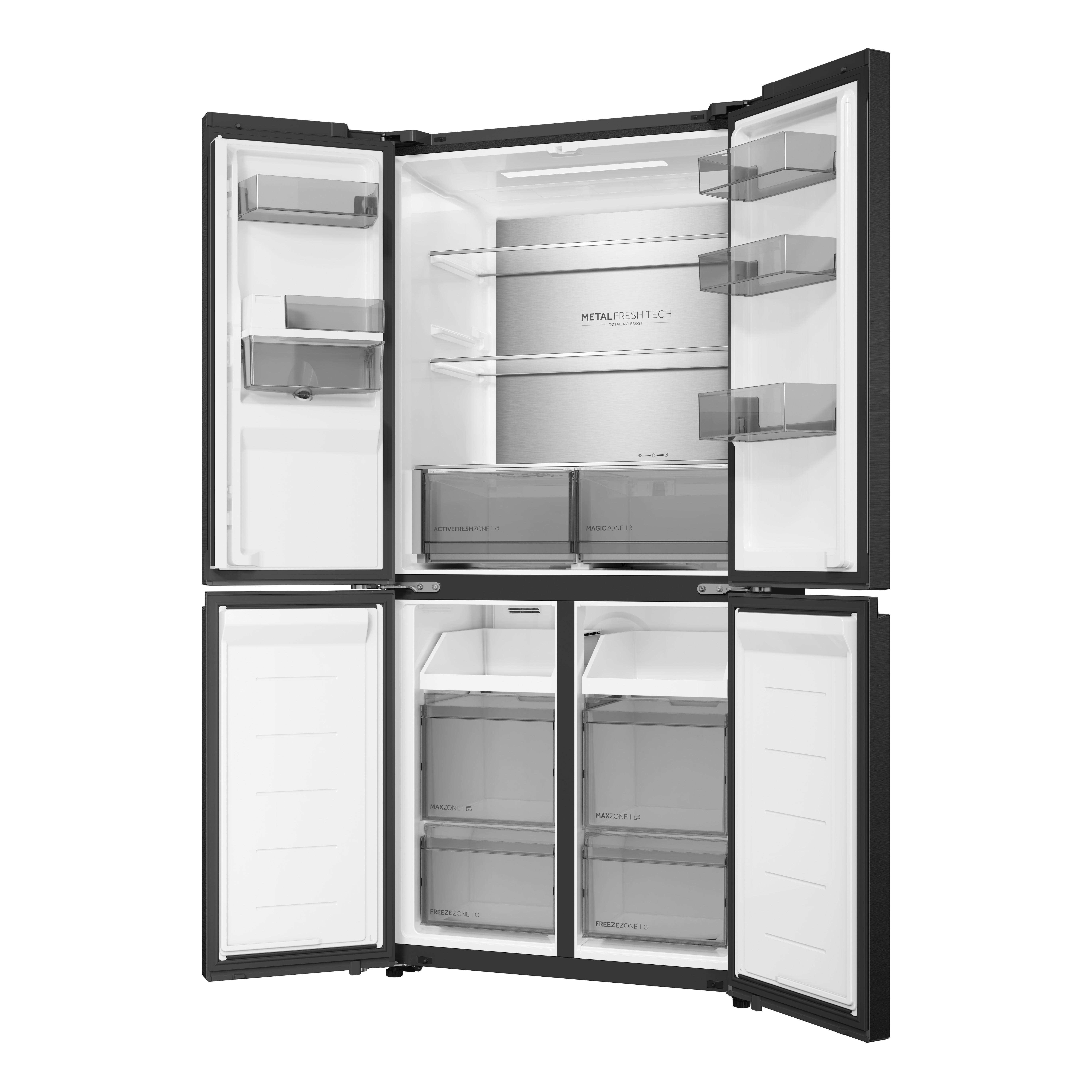 Ein offener schwarzer Kühlschrank mit mehreren Fächern und Schubladen.