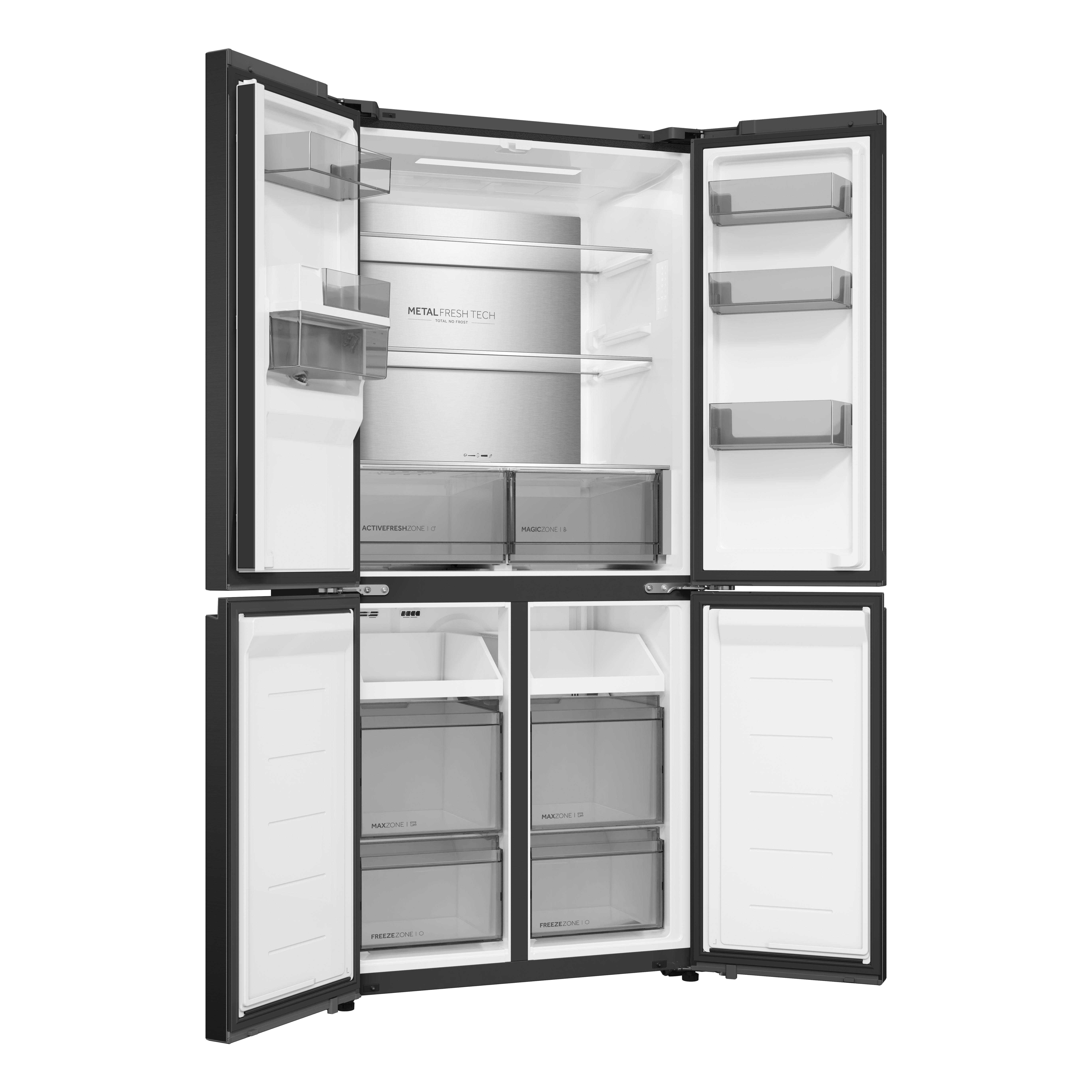 Ein offener schwarzer Kühlschrank mit mehreren Fächern und Schubladen.