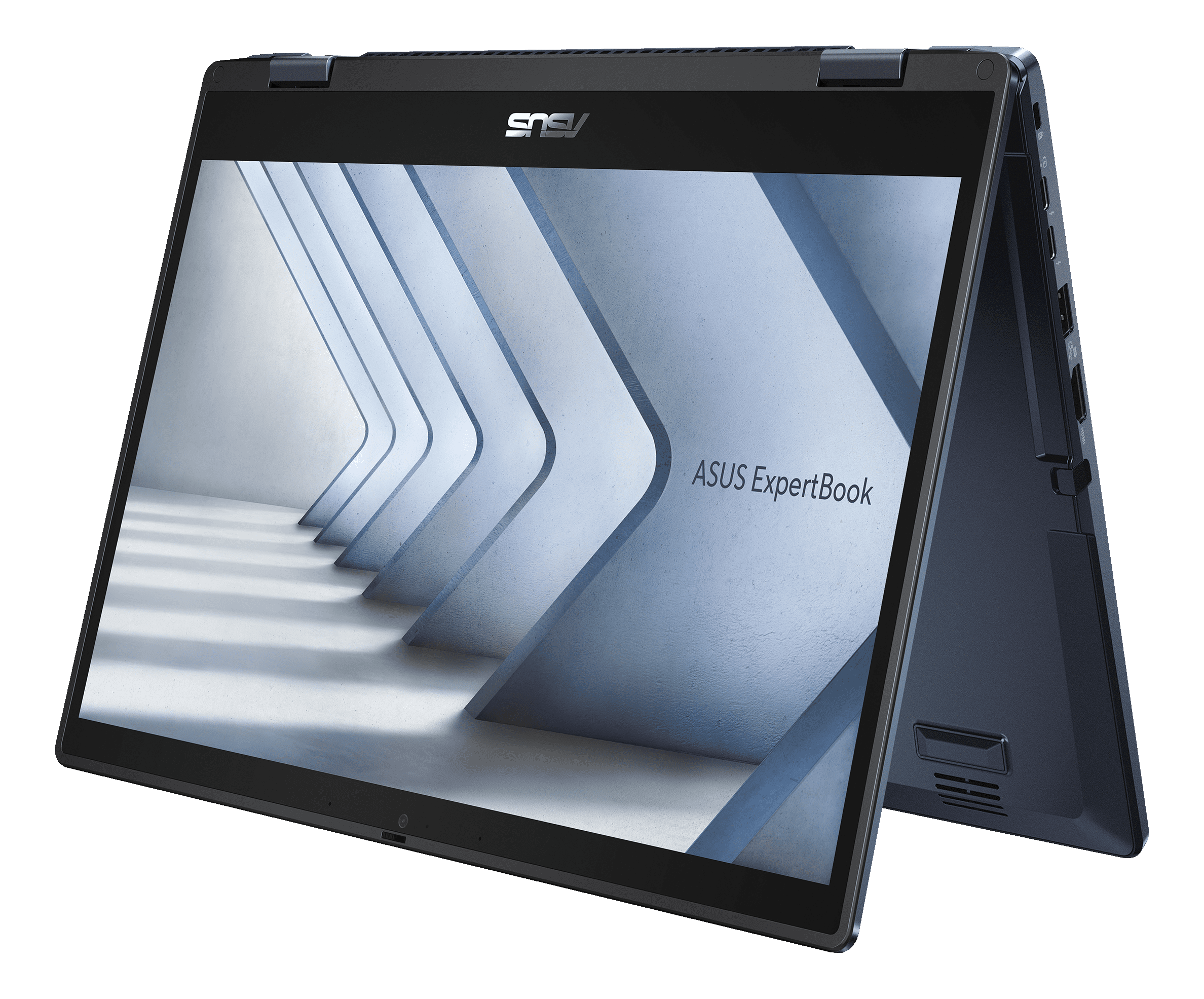 Un ordinateur portable ASUS bleu foncé, écran ouvert, affichant un graphique abstrait.