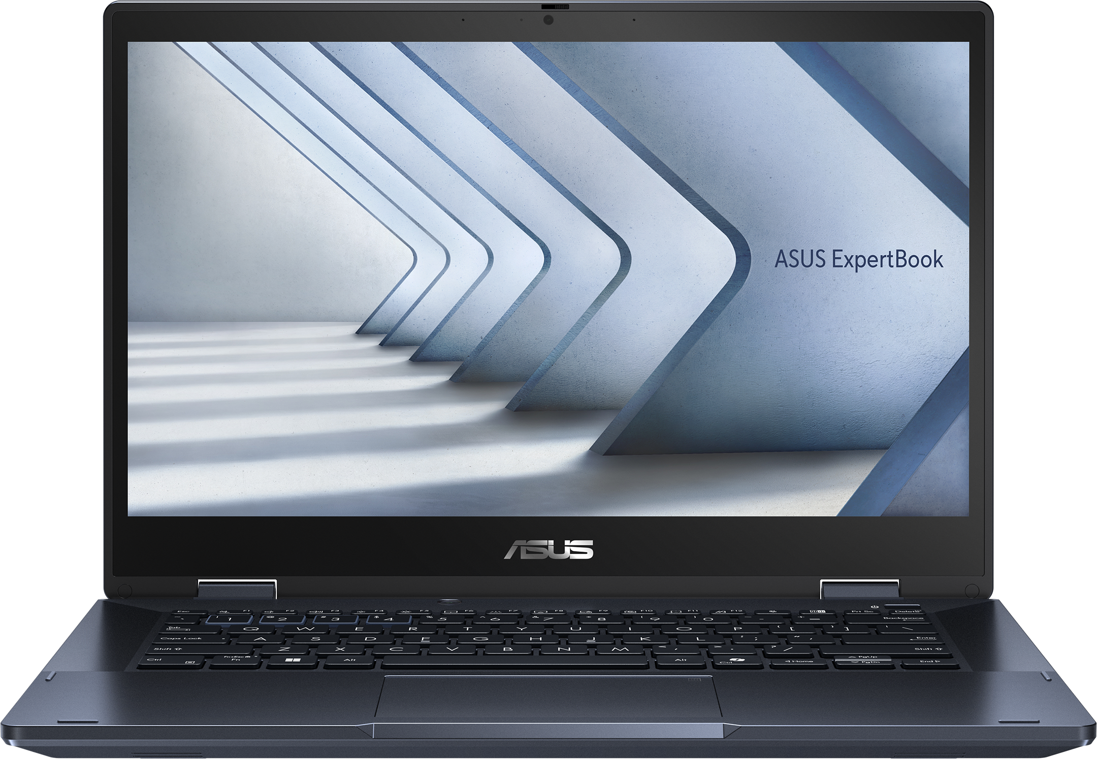 Un ordinateur portable ASUS ExpertBook ouvert avec un fond abstrait sur son écran.