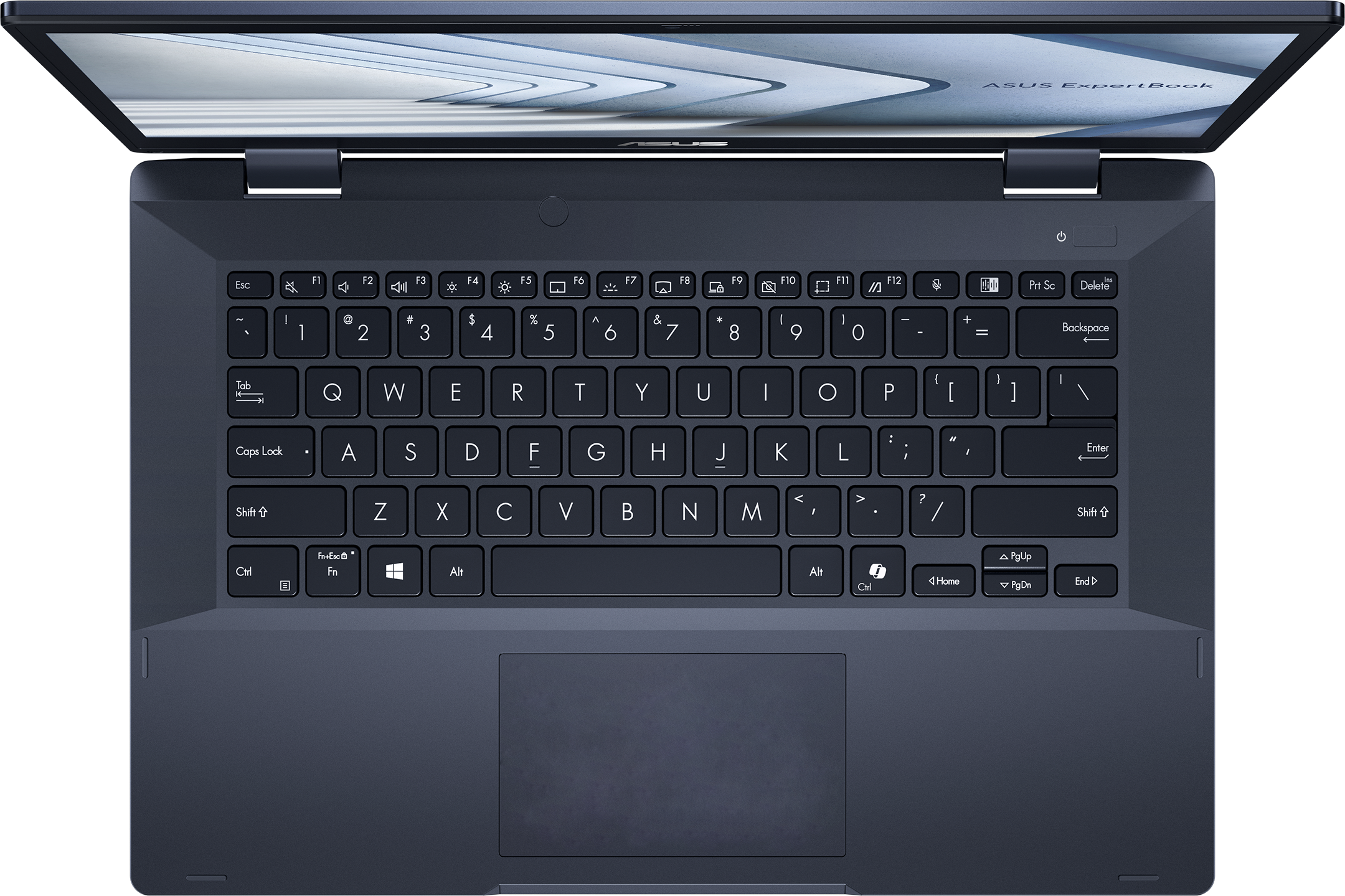 Un ordinateur portable Asus ExpertBook bleu foncé, photographié d'en haut, écran ouvert.