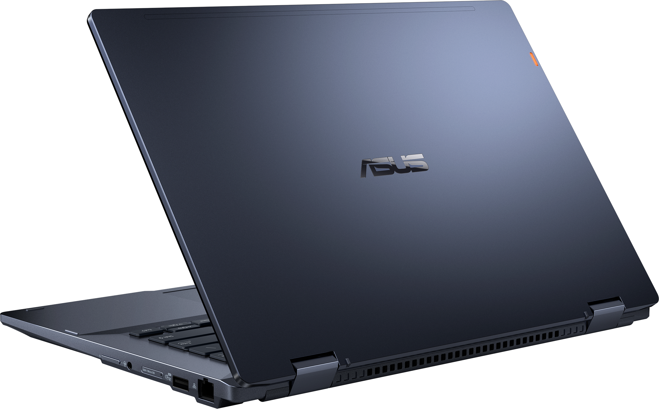 Ordinateur portable Asus bleu foncé ouvert, montrant clavier et ports. Fond noir.
