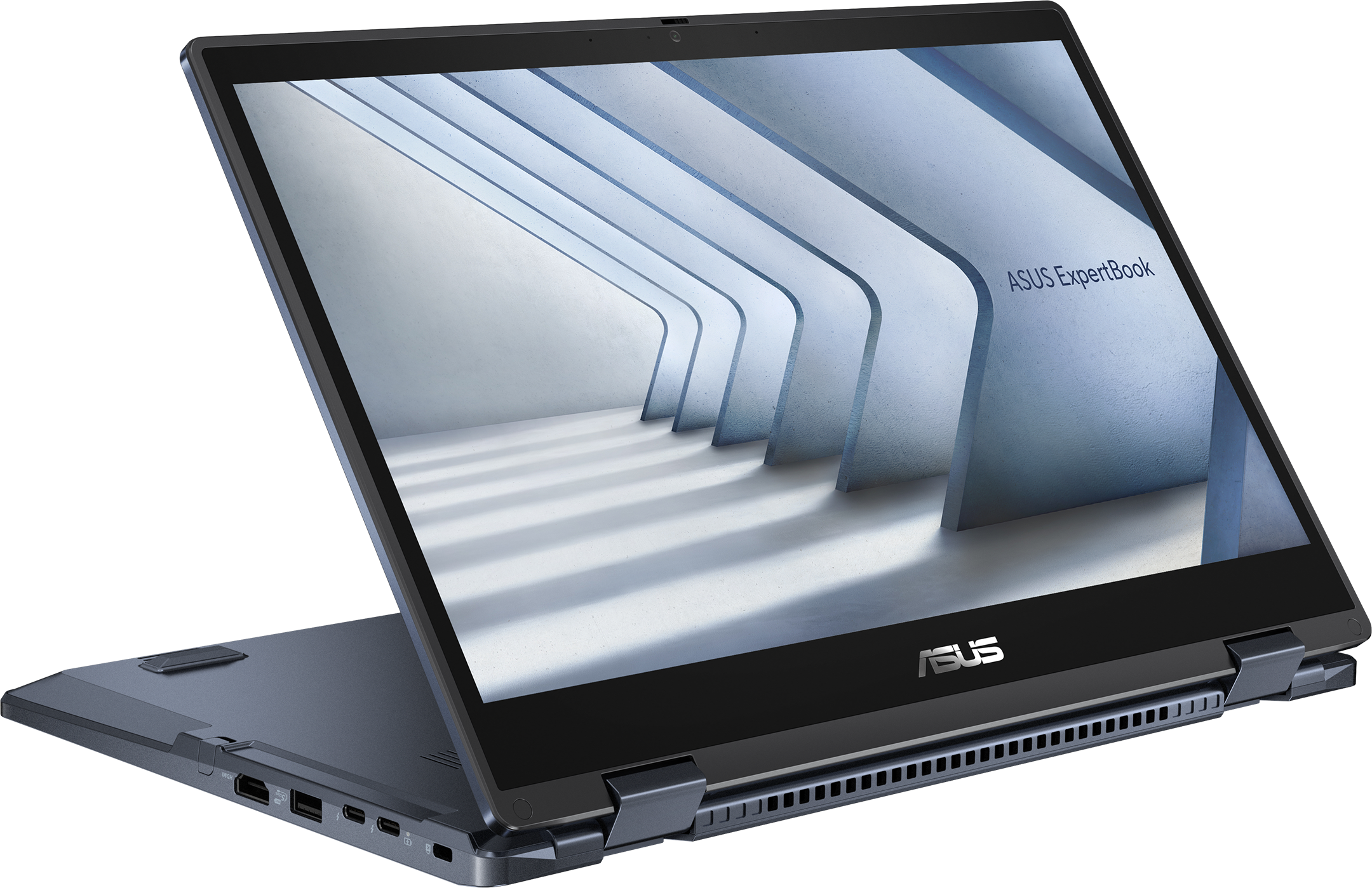 Ein offener dunkelgrauer ASUS ExpertBook Laptop zeigt abstrakte blaue und weiße Architektur.
