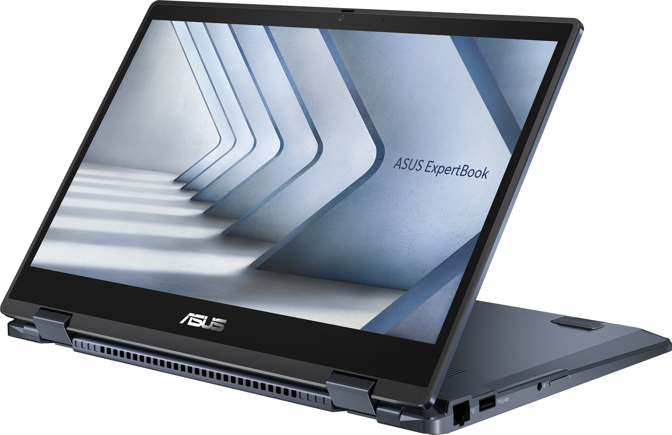 Geöffneter dunkelgrauer ASUS ExpertBook Laptop auf schwarzem Hintergrund. Bildschirm zeigt abstrakte blaue Formen.
