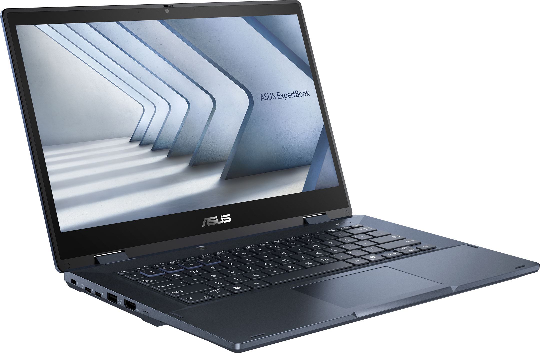 Ein dunkelblauer ASUS ExpertBook Laptop, geöffnet mit Tastatur und Bildschirm.
