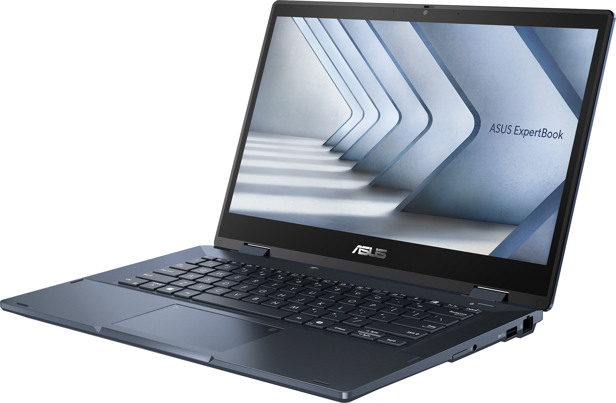Ein geöffneter, dunkelblauer ASUS ExpertBook Laptop mit beleuchteter Tastatur.