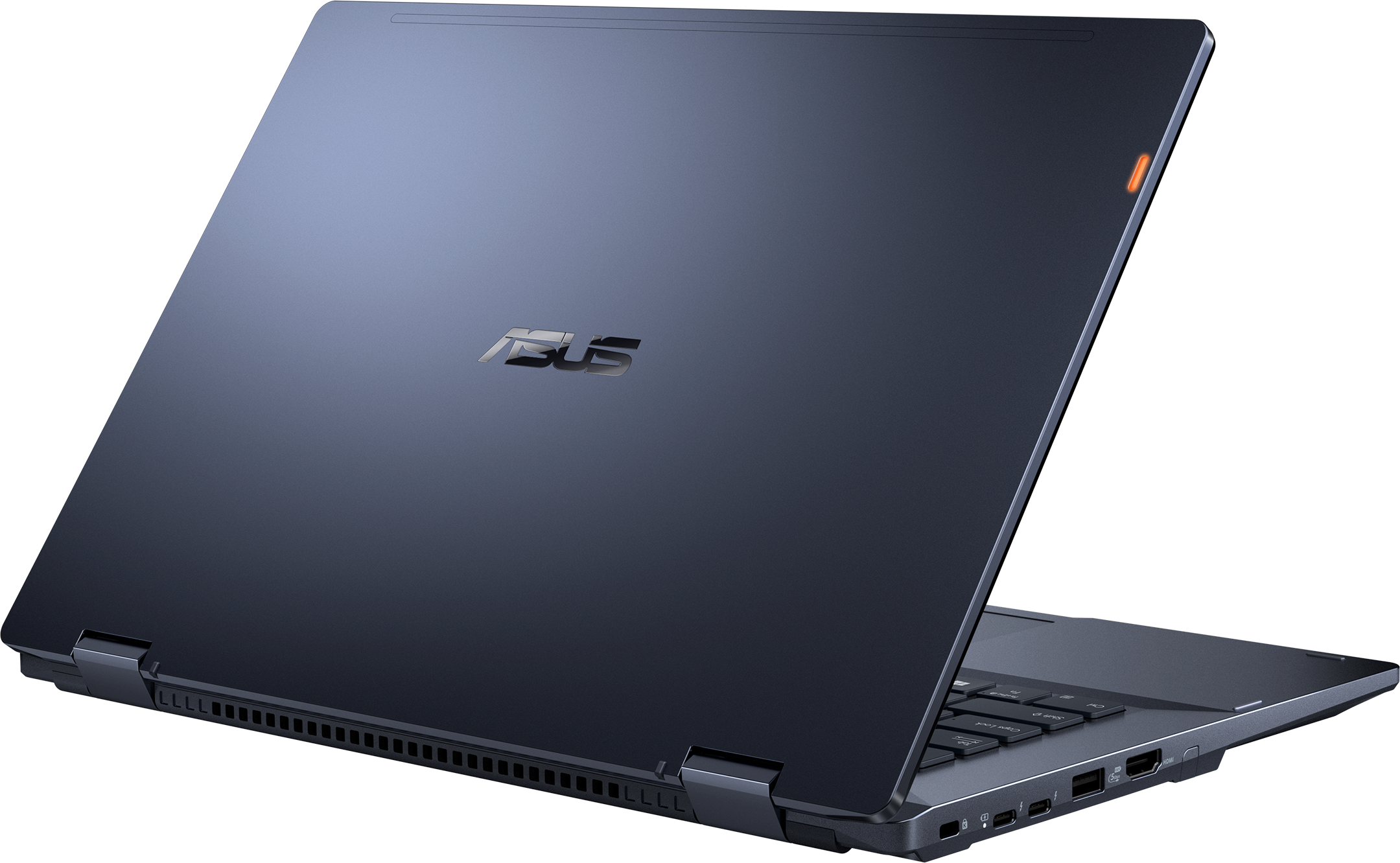 Ein dunkelblauer ASUS Laptop ist geöffnet und zeigt die Tastatur und Anschlüsse.