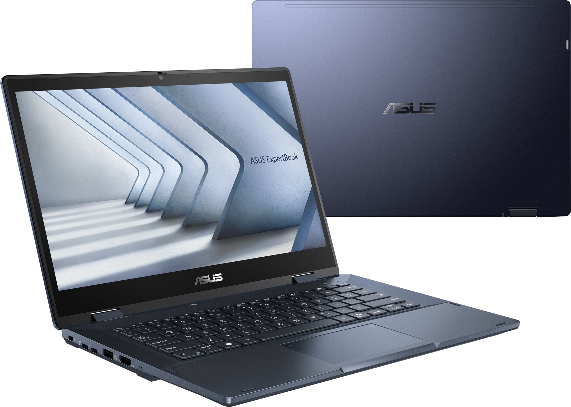 Ein blauer ASUS ExpertBook Laptop ist geöffnet und zeigt einen Bildschirm mit abstrakten Formen. Ein weiterer geschlossener Laptop ist dahinter.