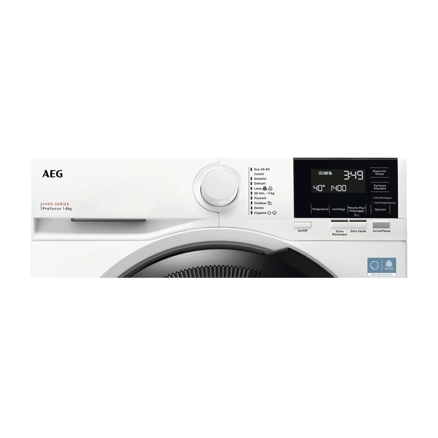Lavatrice AEG bianca con display e selezione programmi.