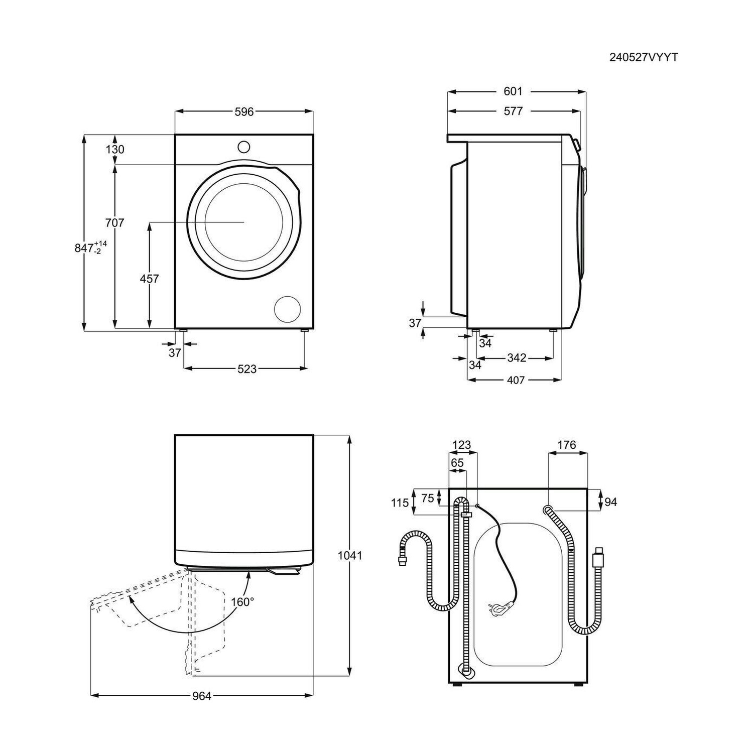 Disegno tecnico di una lavatrice con dimensioni.
