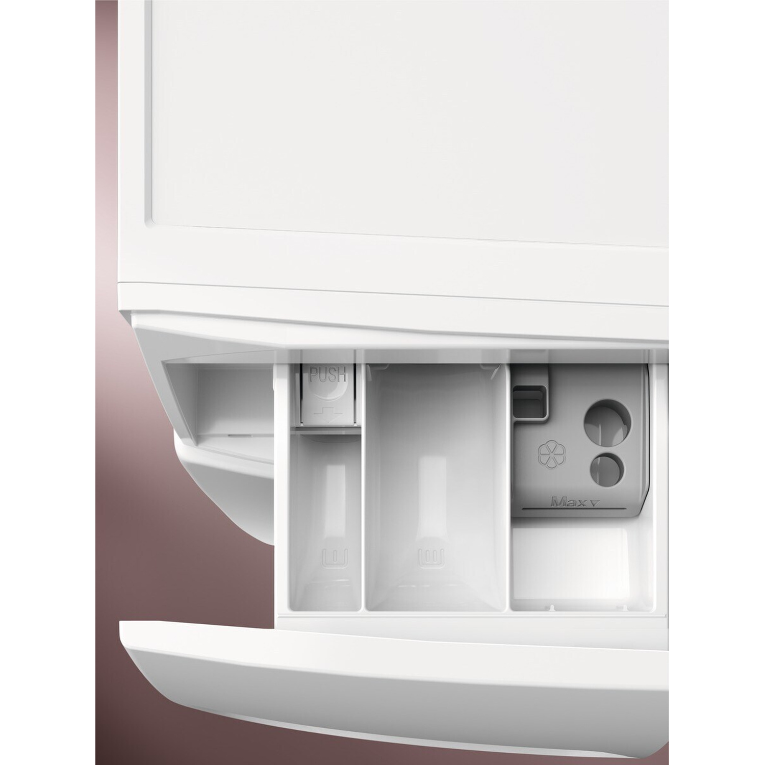 Un dispenser per detersivo bianco con tre scomparti e segni.