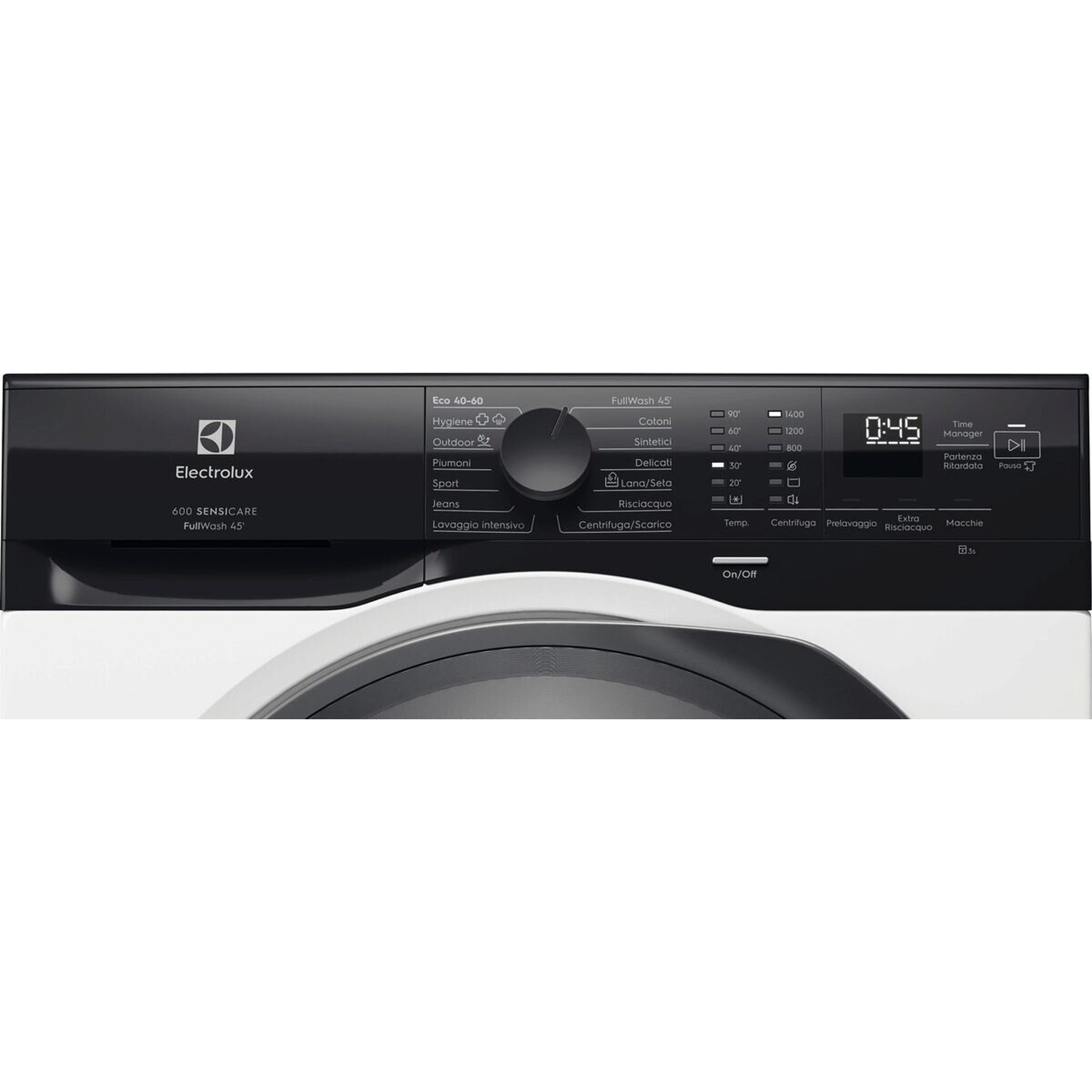 Pannello di controllo lavatrice Electrolux bianco e nero con display digitale.