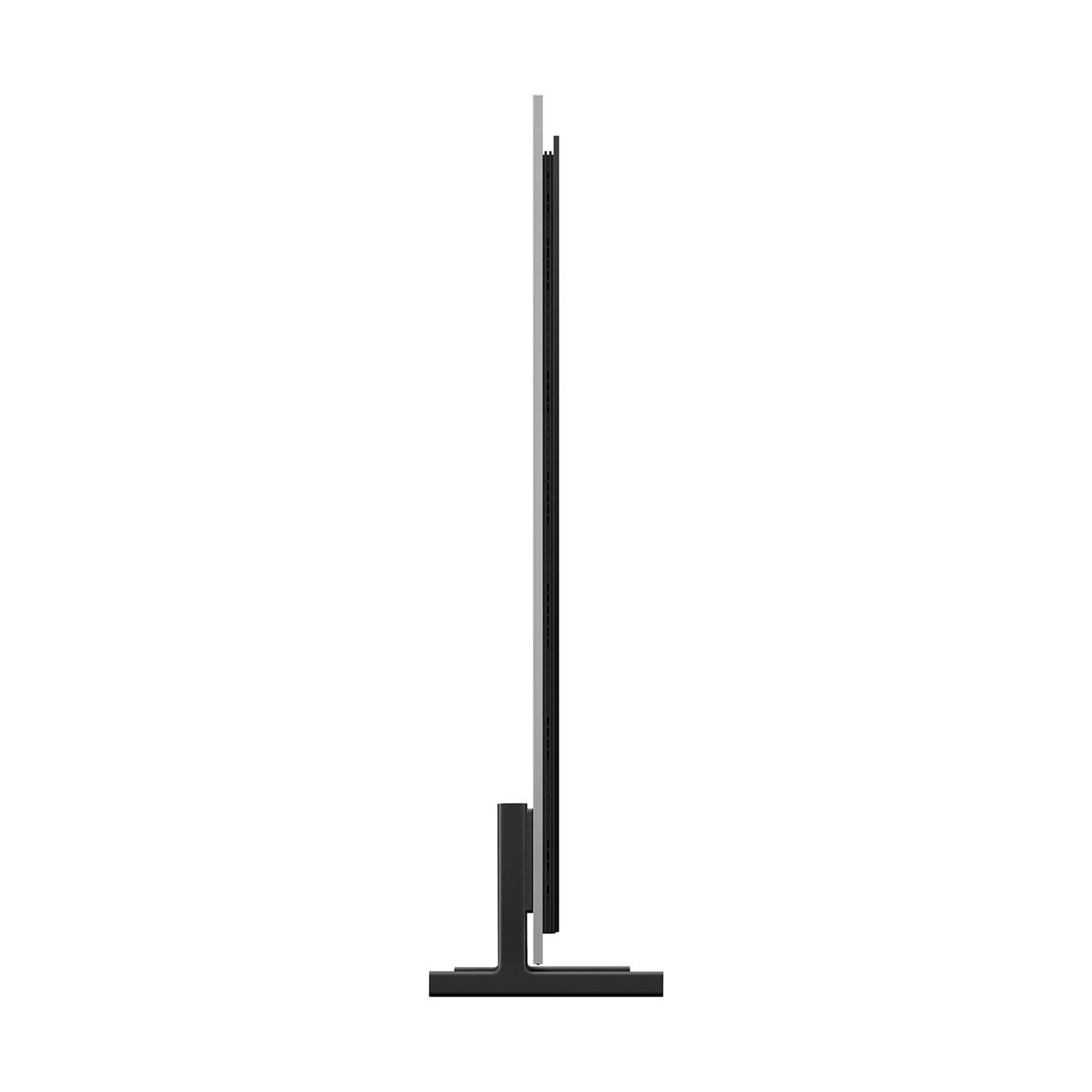 Una TV nera e sottile con un supporto stretto a forma di T.