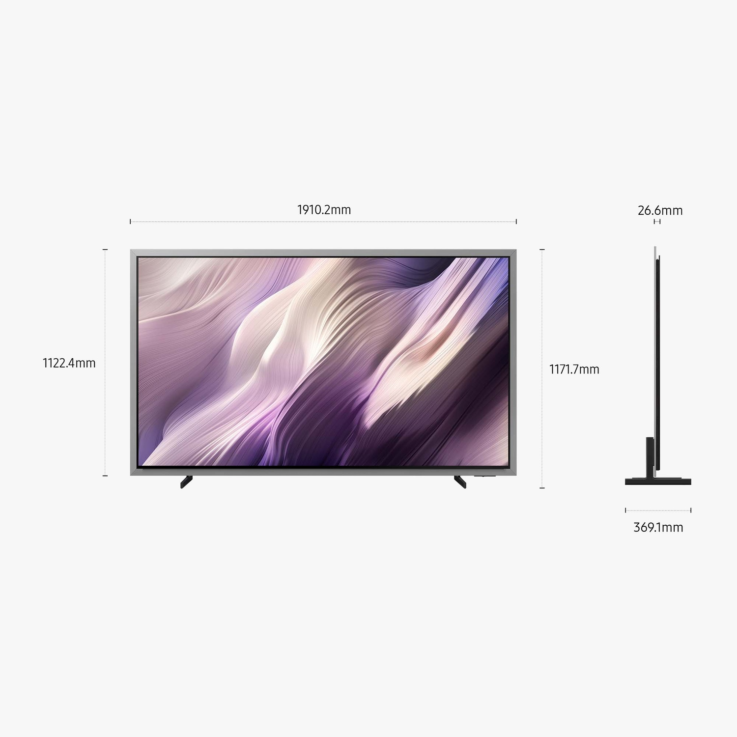 Un grande televisore con uno schermo astratto viola e bianco.