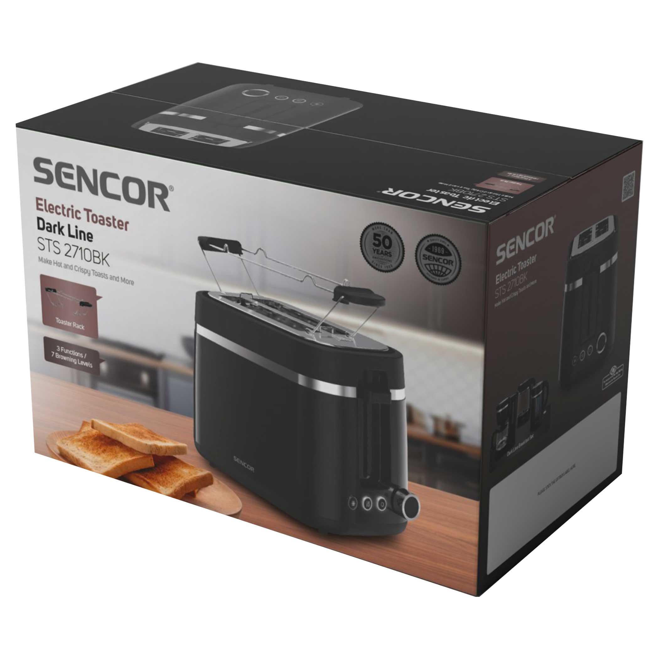 SENCOR STS 2710BK elektromos pirító dobozon, pirítóssal és képekkel.
