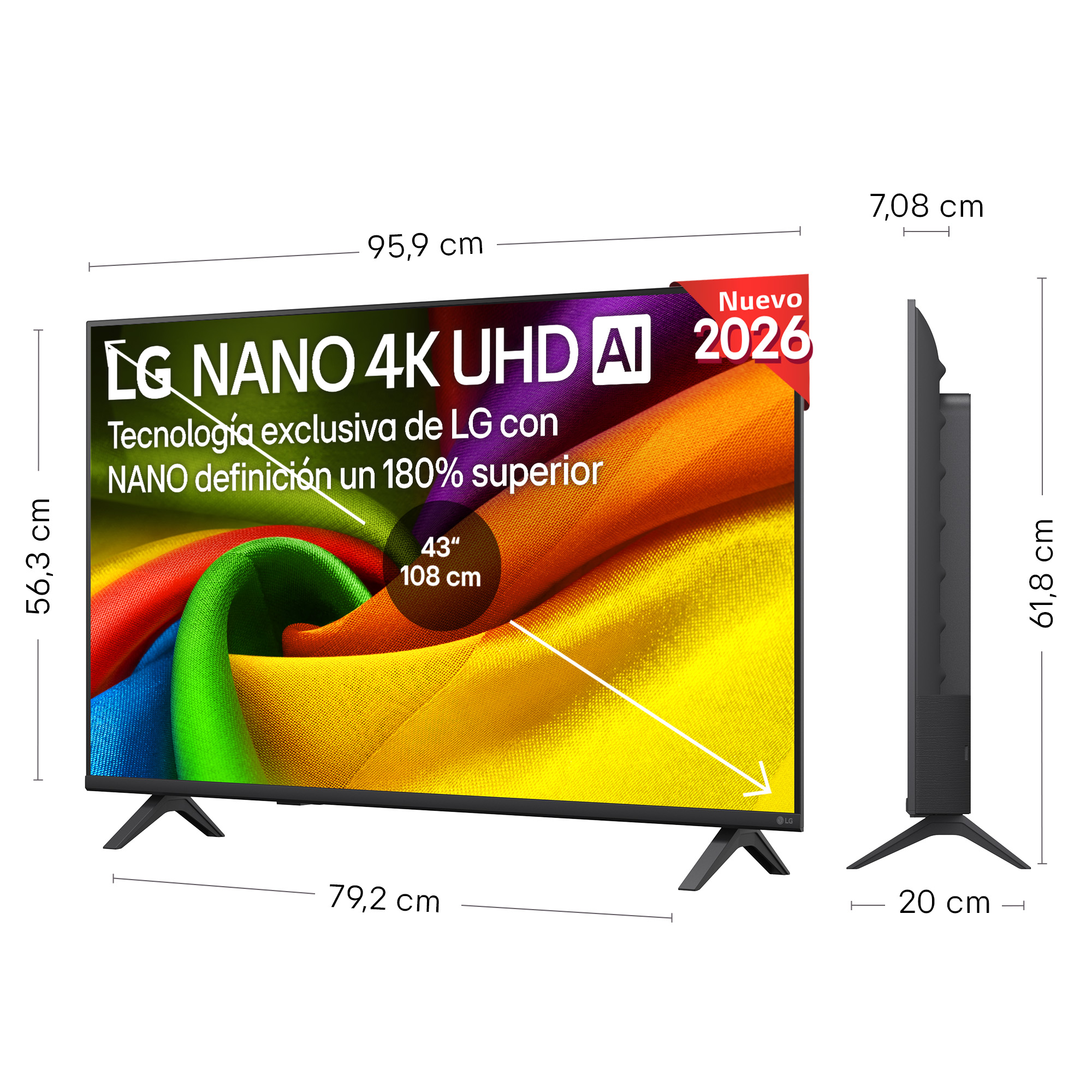 TV LG 43" NANO 4K UHD AI 2026 con dimensiones mostradas.