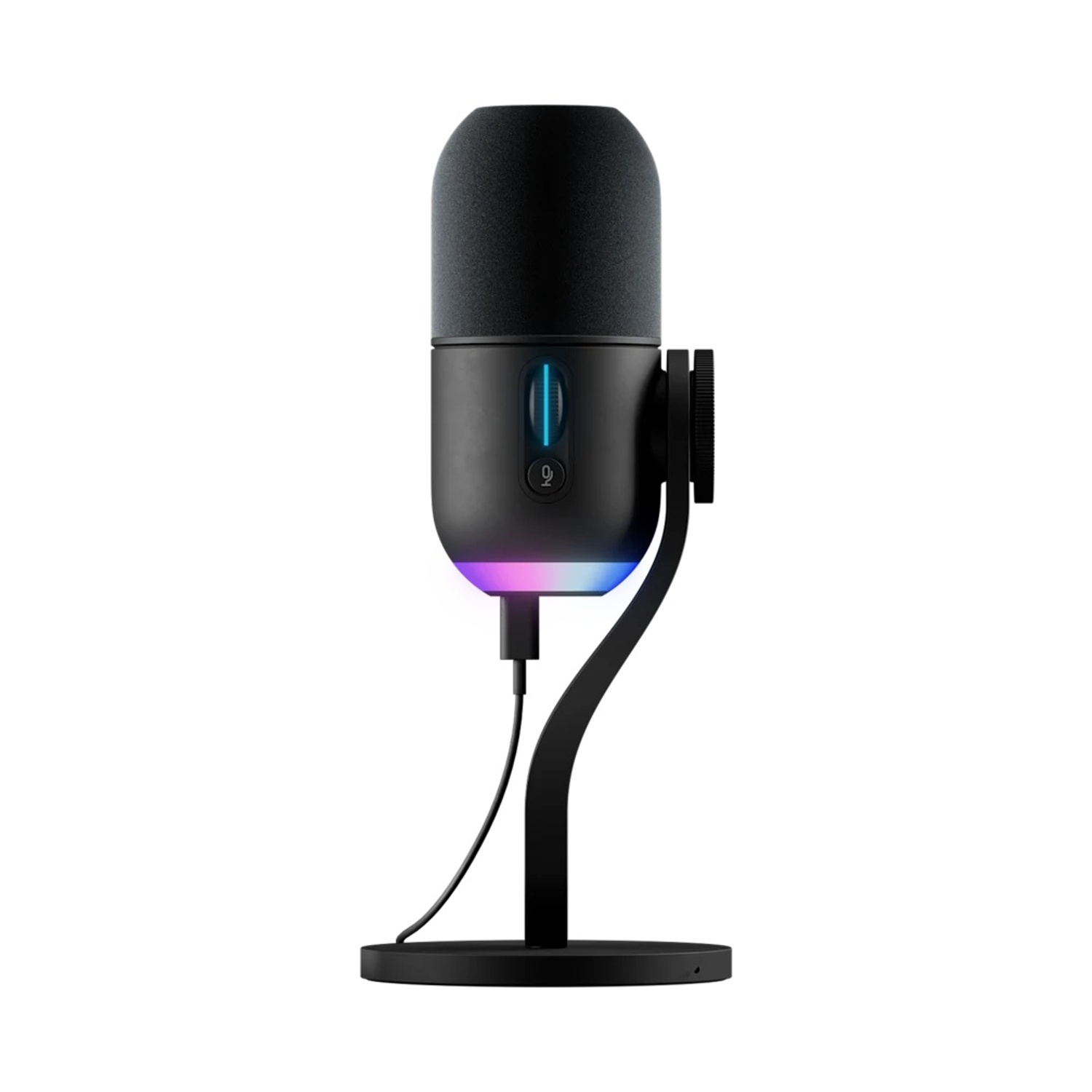 Un microfono nero con parte superiore in schiuma, illuminazione RGB alla base e cavo USB.