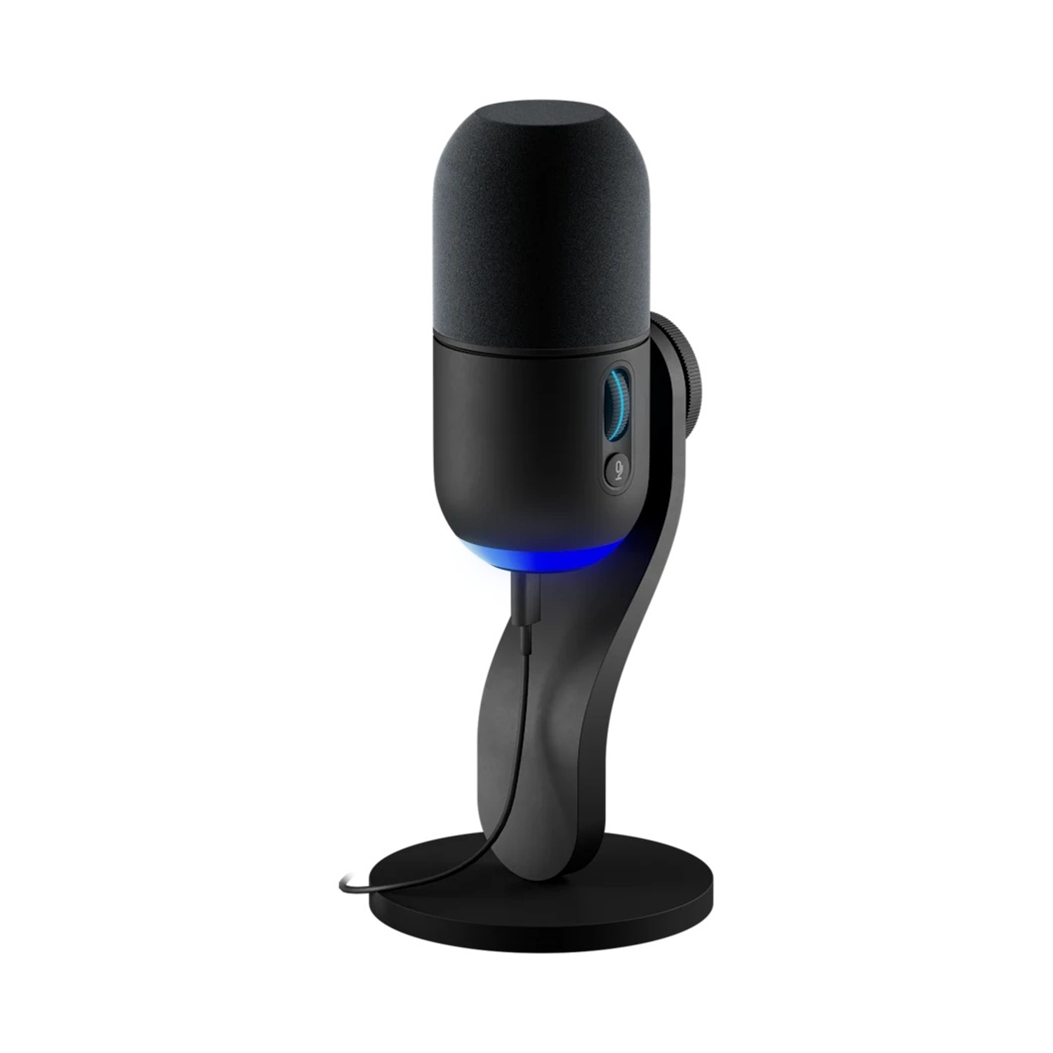 Un microfono nero con luce blu su un supporto, su sfondo bianco.