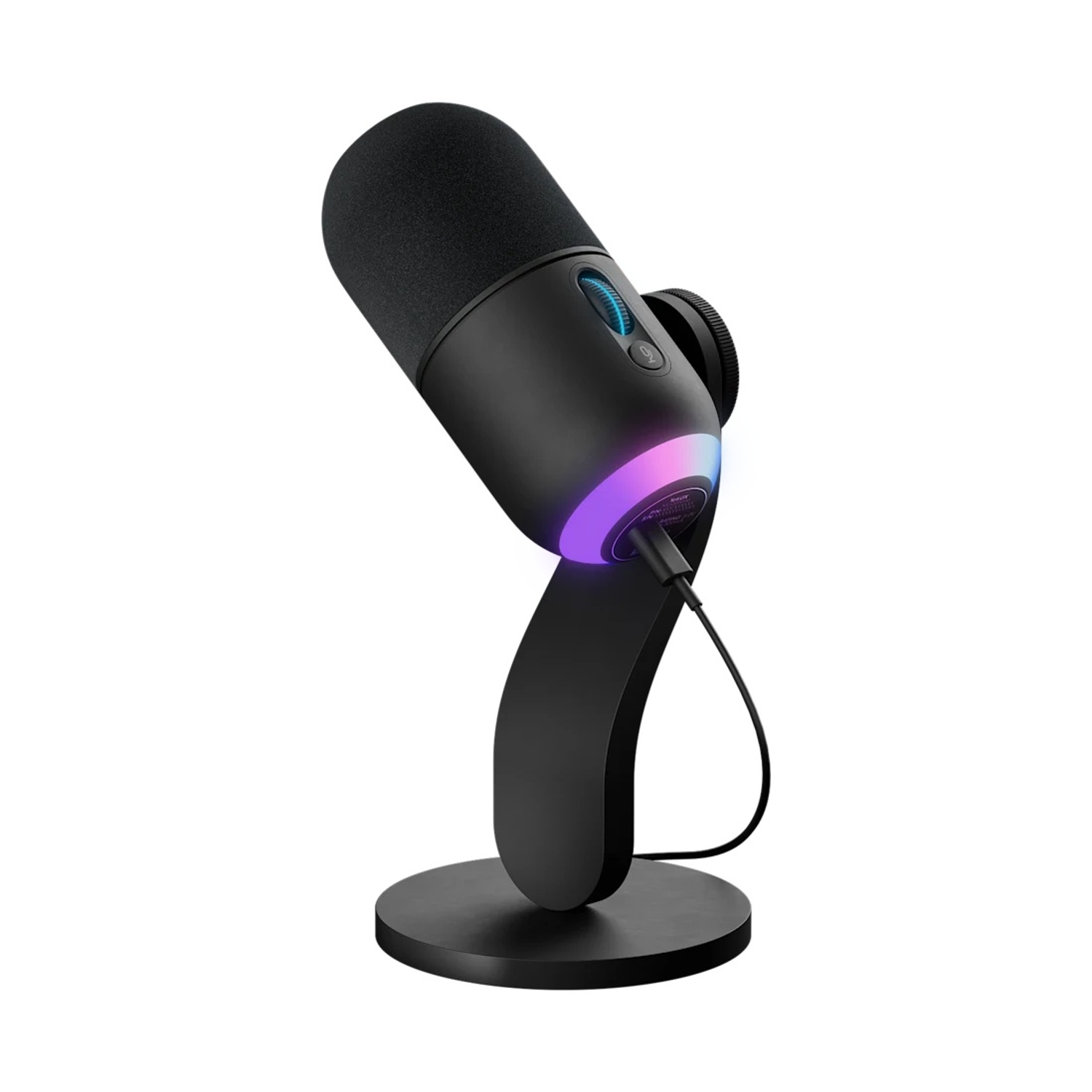 Microfono nero su supporto con illuminazione RGB e cavo USB.