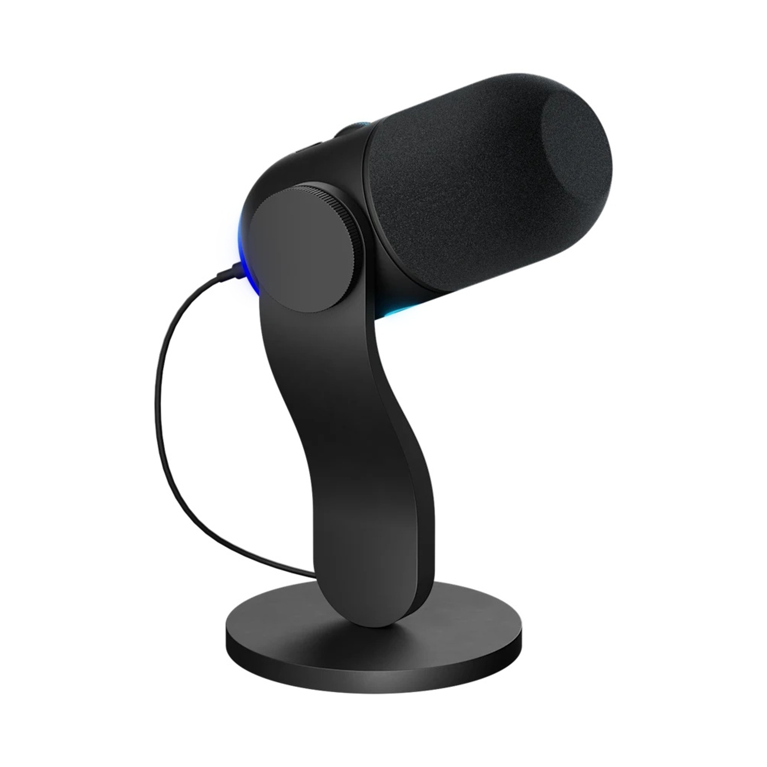 Microfono nero con copertura in schiuma su supporto rotondo, luce blu accesa.