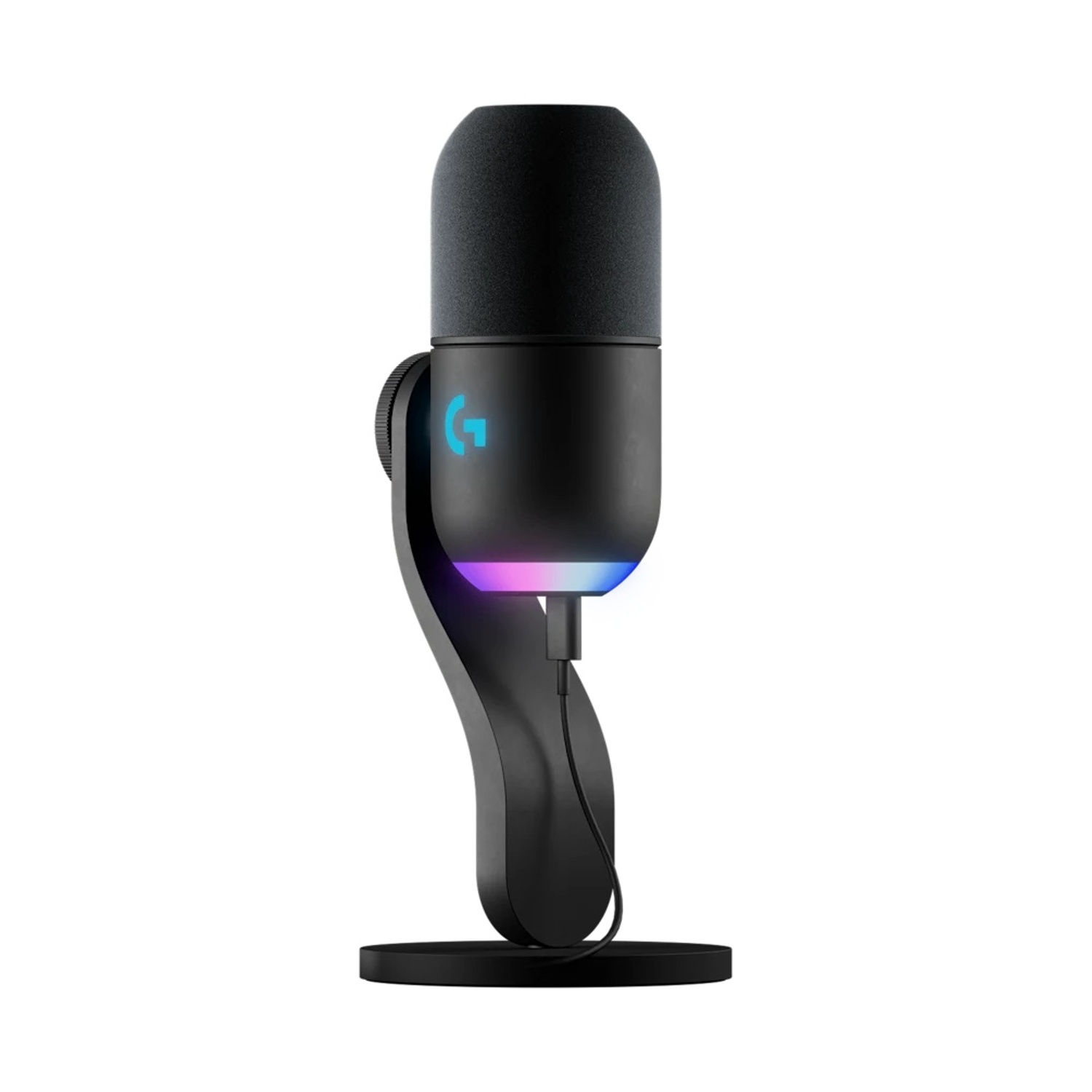 Microfono nero con illuminazione RGB e logo Logitech su un supporto.