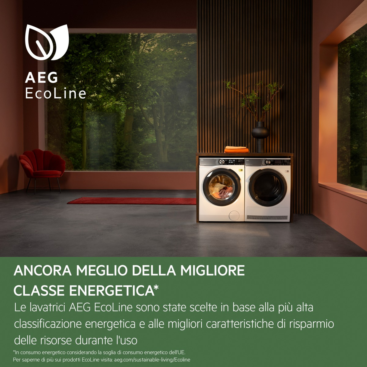 Due lavatrici AEG EcoLine e un'asciugatrice in una stanza elegante con vista sulla natura.