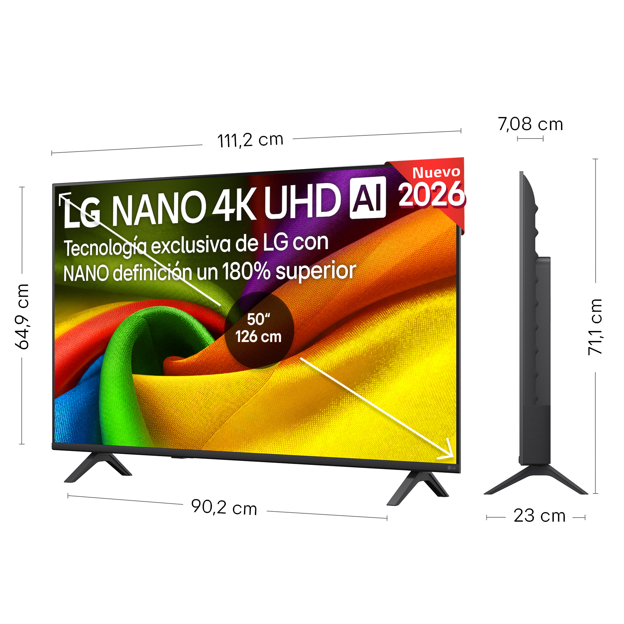 TV LG 50" 4K UHD con IA, medidas 111,2x64,9x7,08cm. Vista lateral muestra 23cm de fondo.