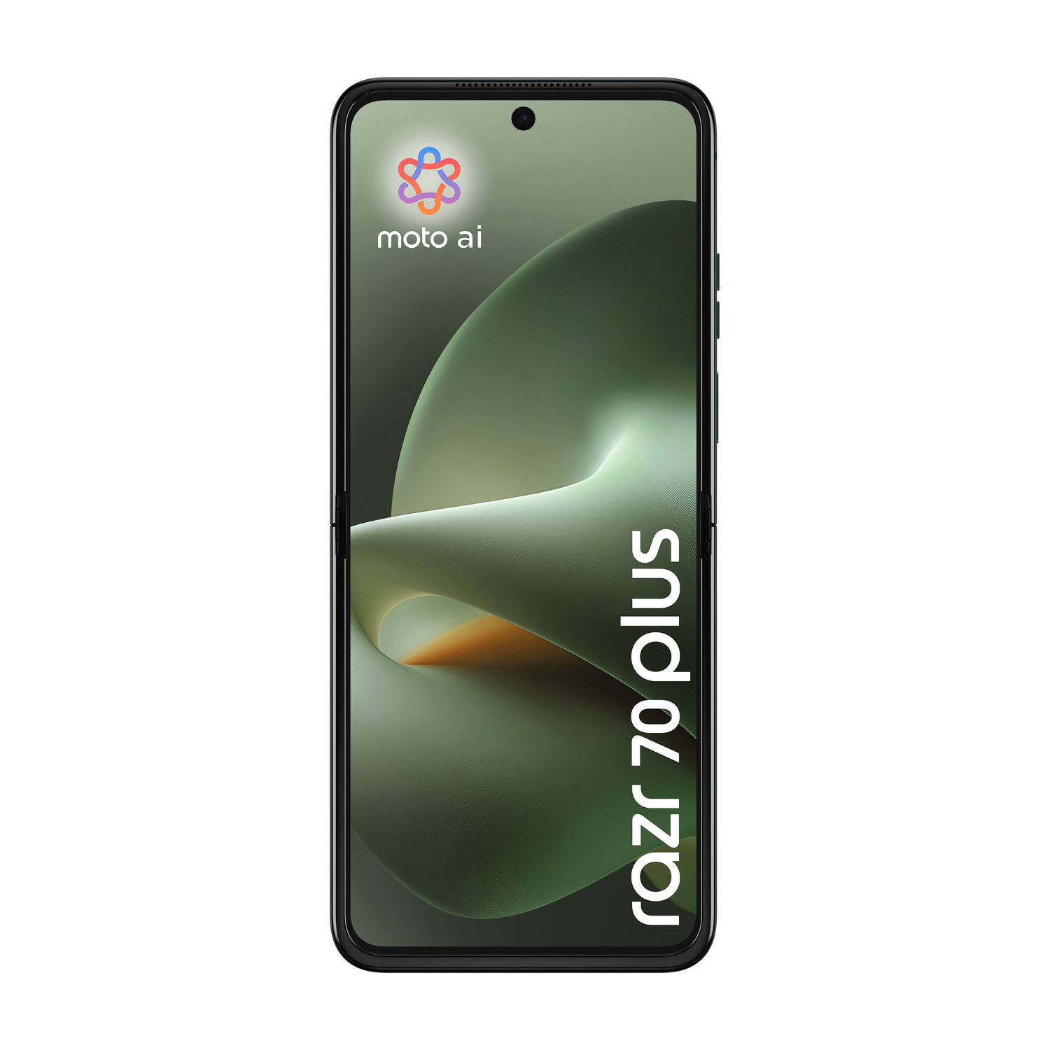 Uno smartphone Motorola Razr 70 Plus chiuso con logo Moto AI sullo schermo.