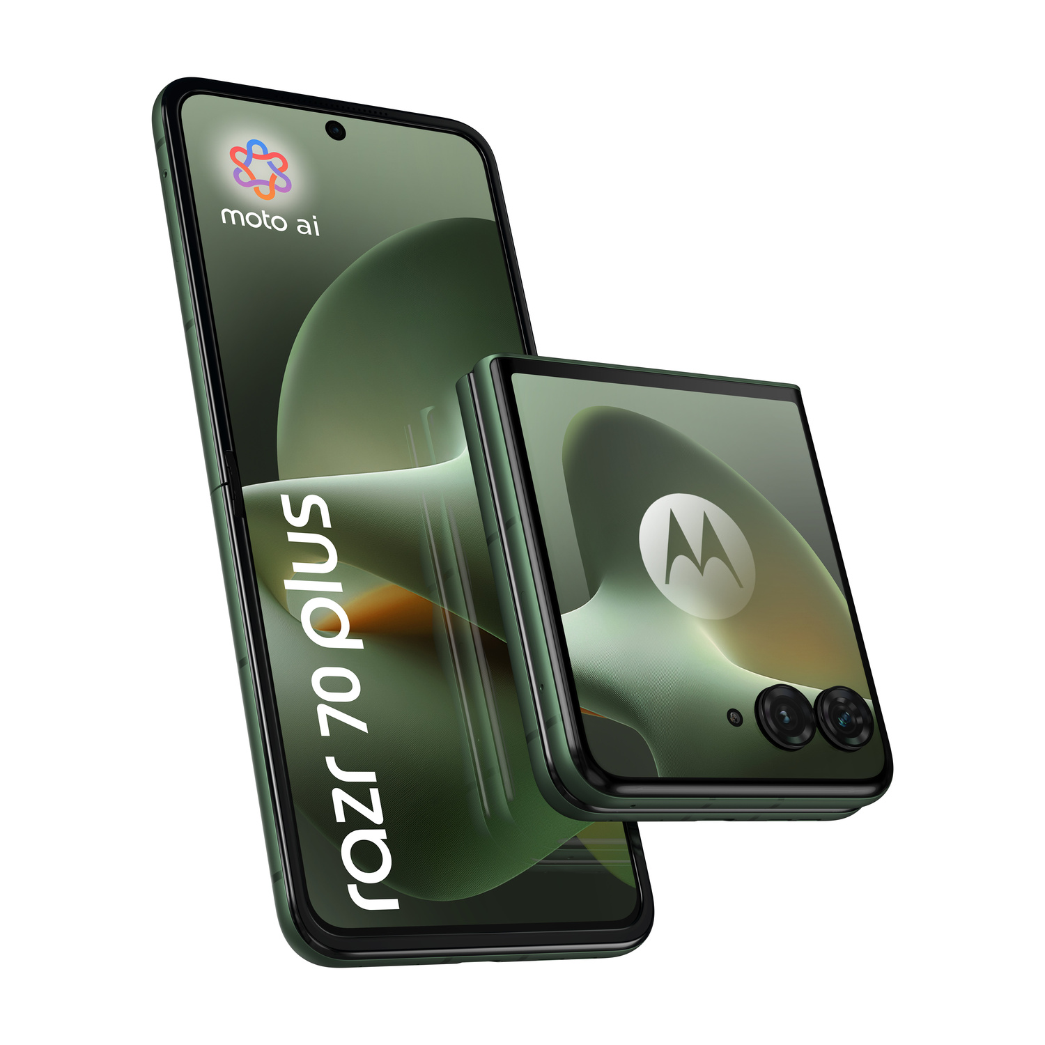 Uno smartphone Motorola Razr 70 Plus pieghevole verde, mostrato aperto e chiuso, su sfondo bianco.