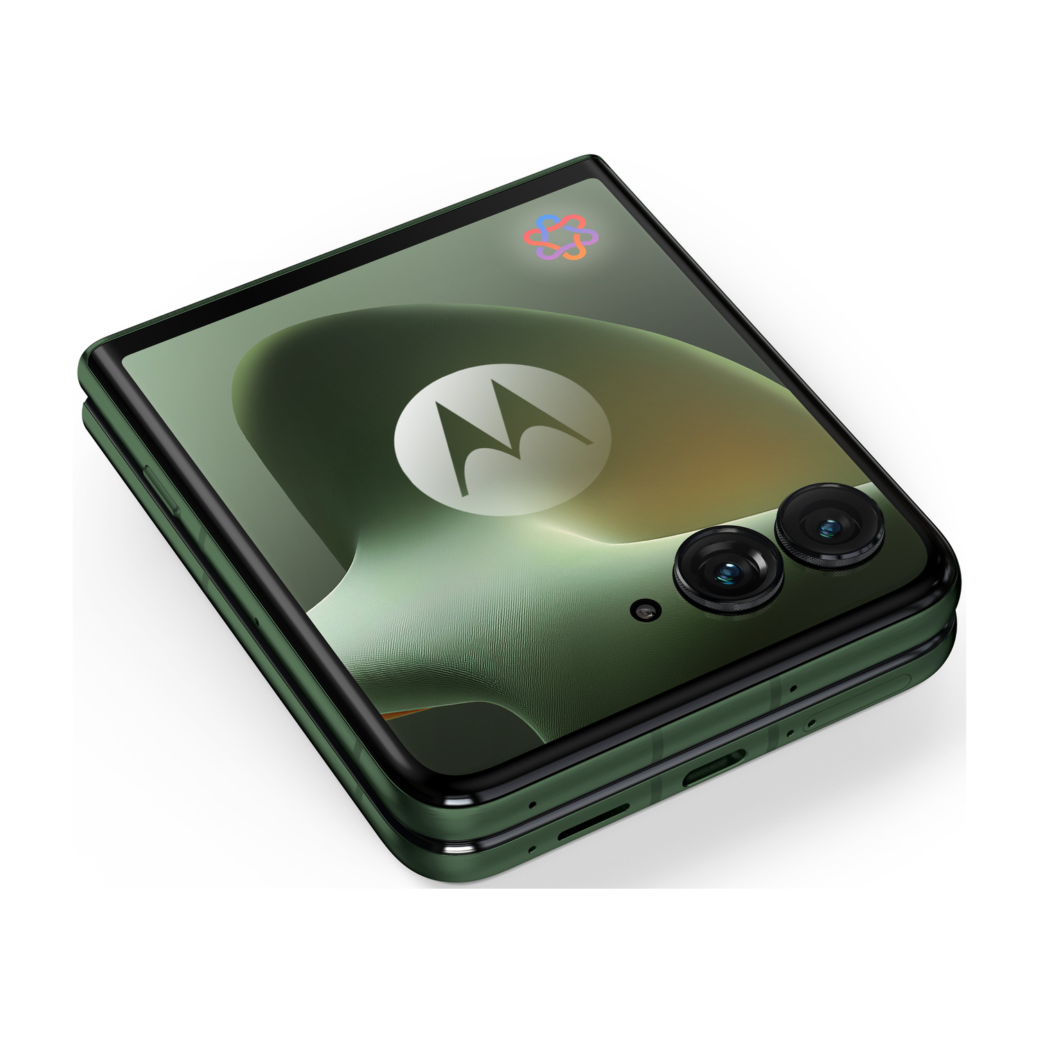 Un telefono Motorola pieghevole verde scuro con due fotocamere posteriori.