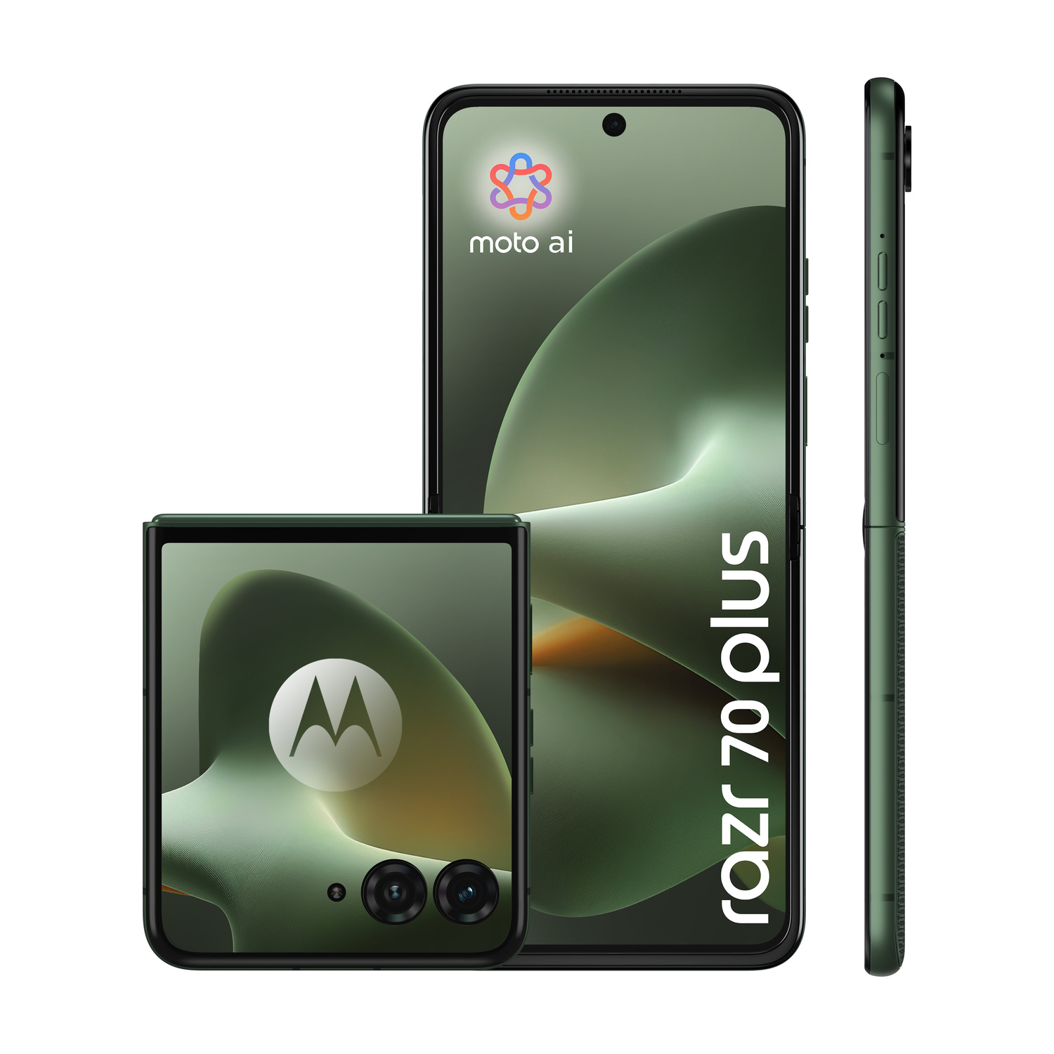 Telefono pieghevole Motorola Razr 70 Plus verde mostrato aperto e chiuso, con profilo.