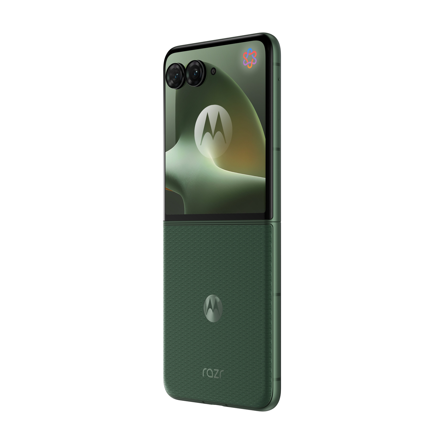 Un telefono a conchiglia Motorola Razr chiuso, verde scuro, con doppia fotocamera e logo Motorola.