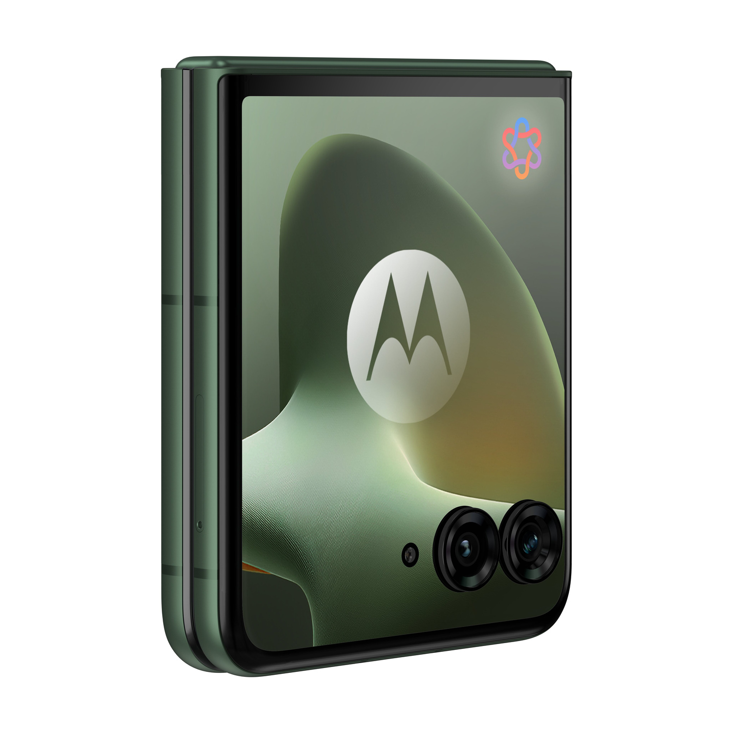Uno smartphone pieghevole verde scuro con doppia fotocamera e logo Motorola.