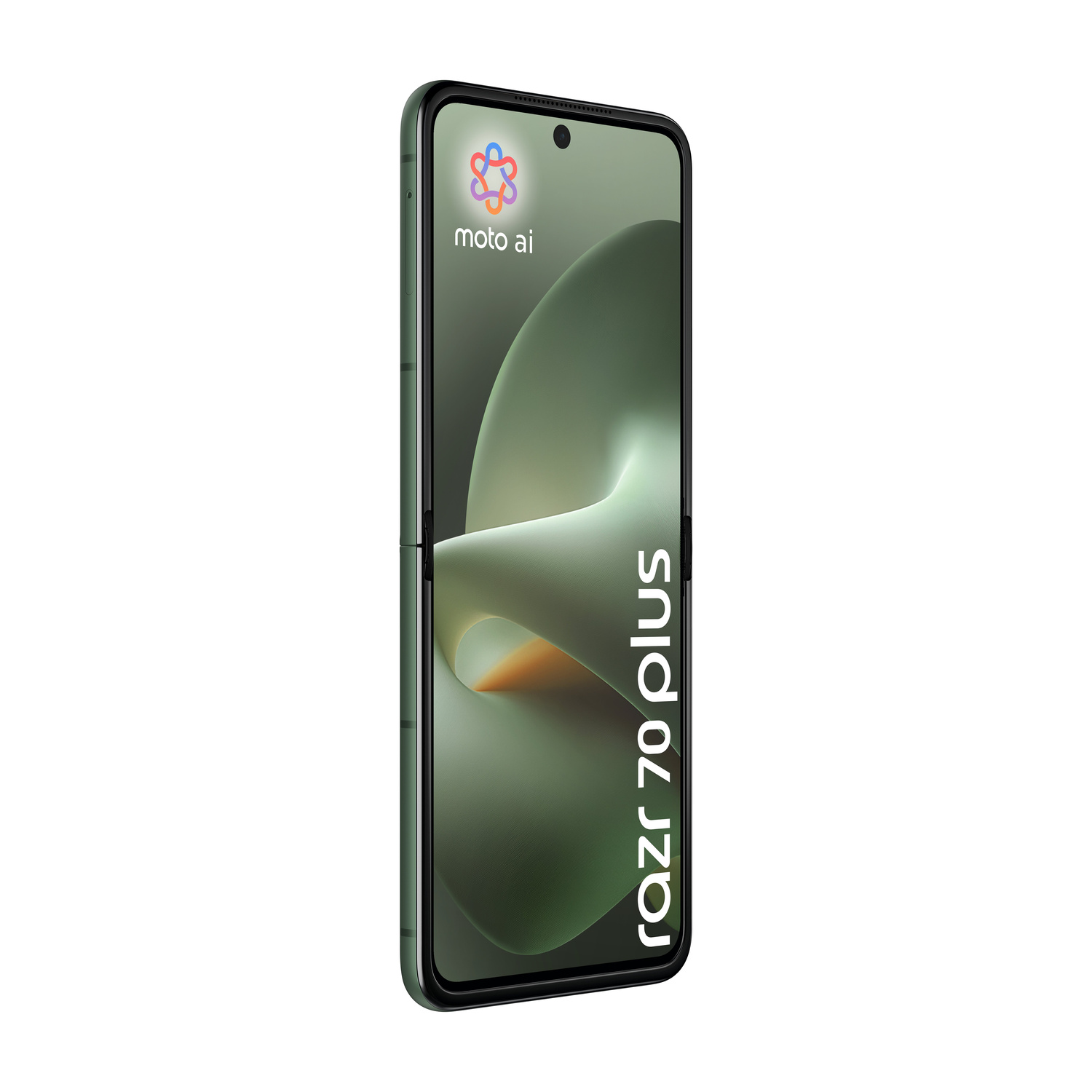 Un flip phone Motorola Razr 70 Plus verde scuro con logo Moto AI.