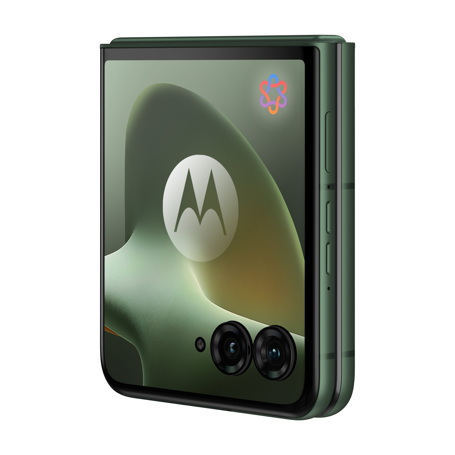 Uno smartphone pieghevole verde scuro con due fotocamere e il logo Motorola.