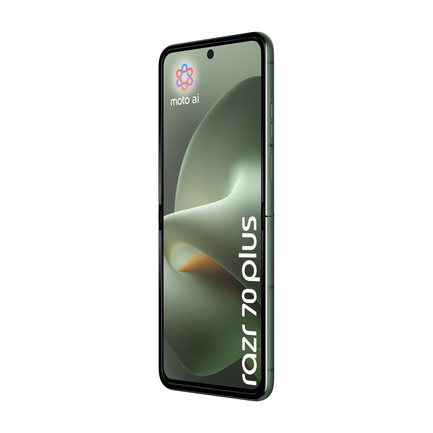 Un telefono Motorola Razr 70 Plus verde scuro chiuso con logo Moto AI.