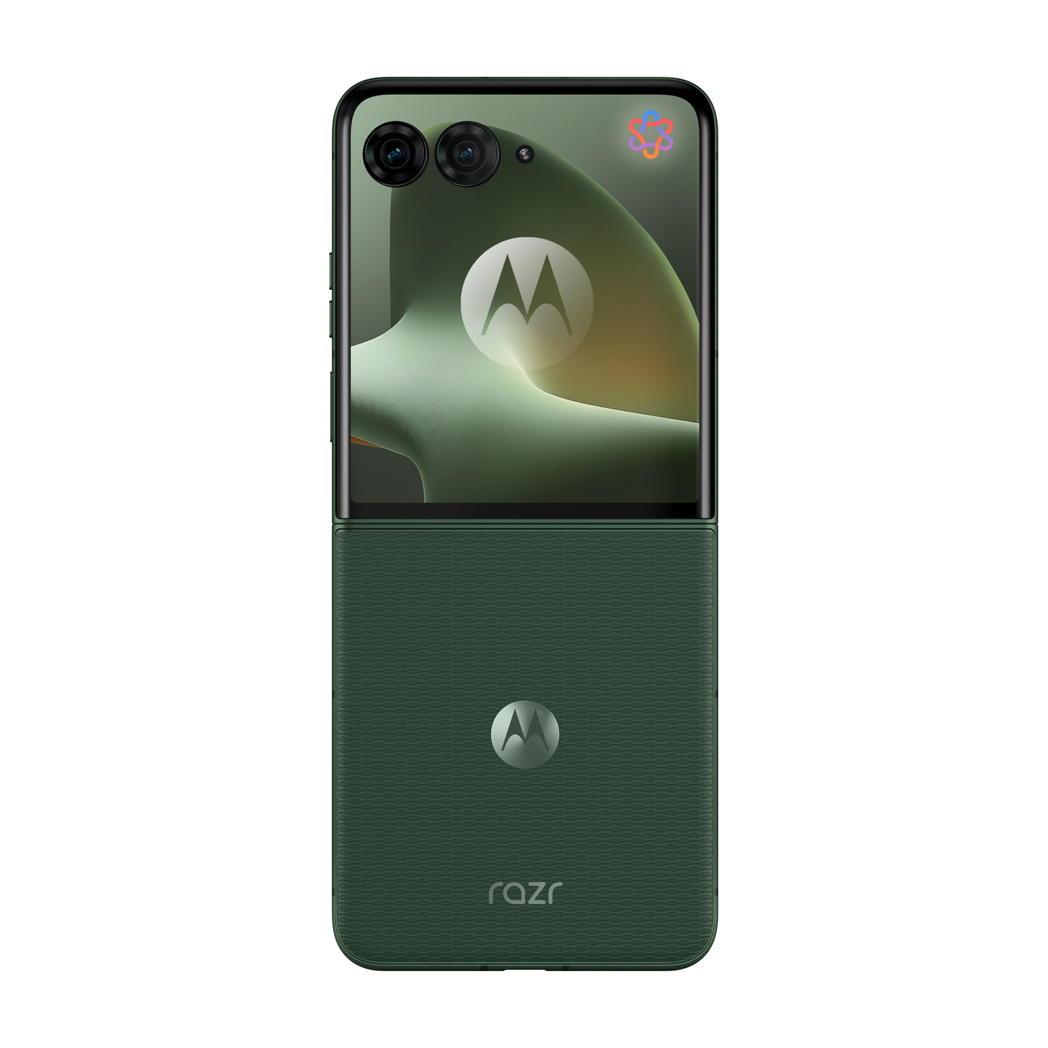 Un flip phone Motorola Razr verde scuro in piedi con doppia fotocamera e logo Motorola.