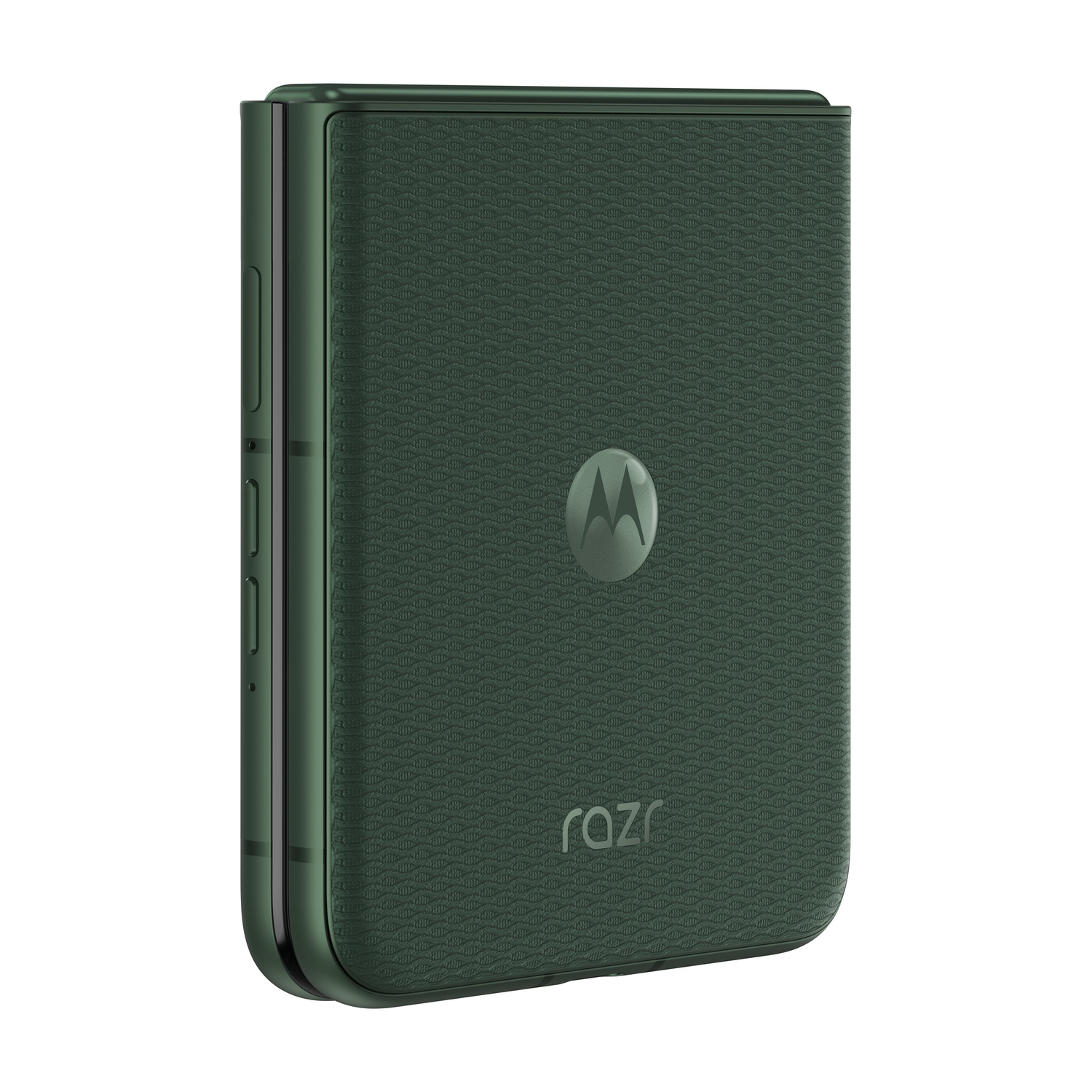 Telefono Motorola Razr verde scuro chiuso con scocca testurizzata e logo.