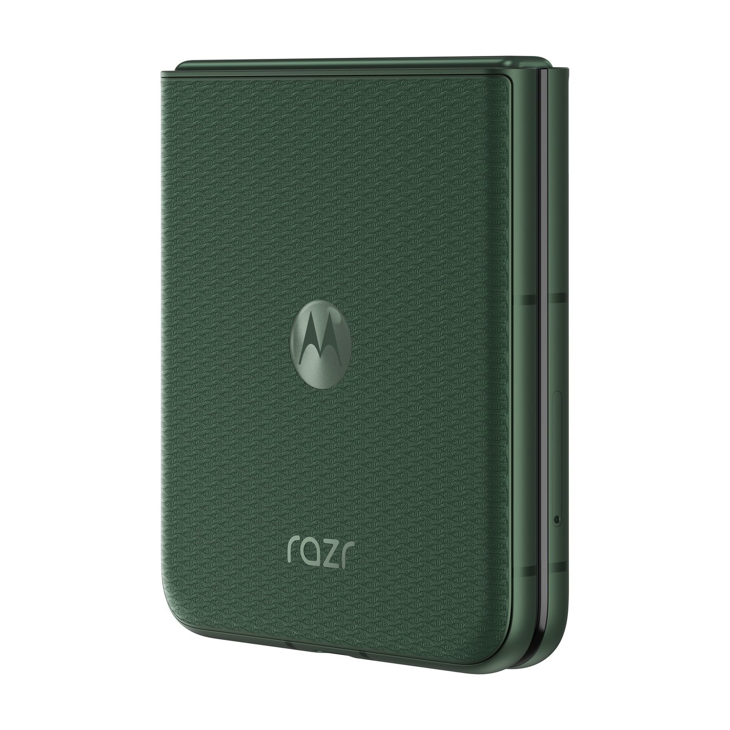 Un telefono flip chiuso, verde scuro, con logo Motorola e testo Razr.