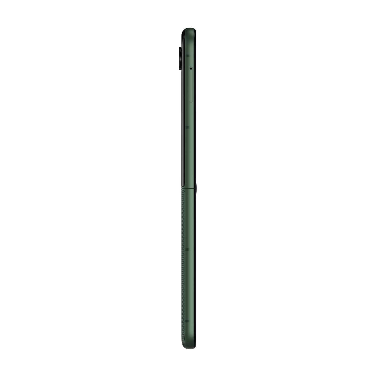 Uno smartphone chiuso, verde scuro, visto di profilo su sfondo bianco.