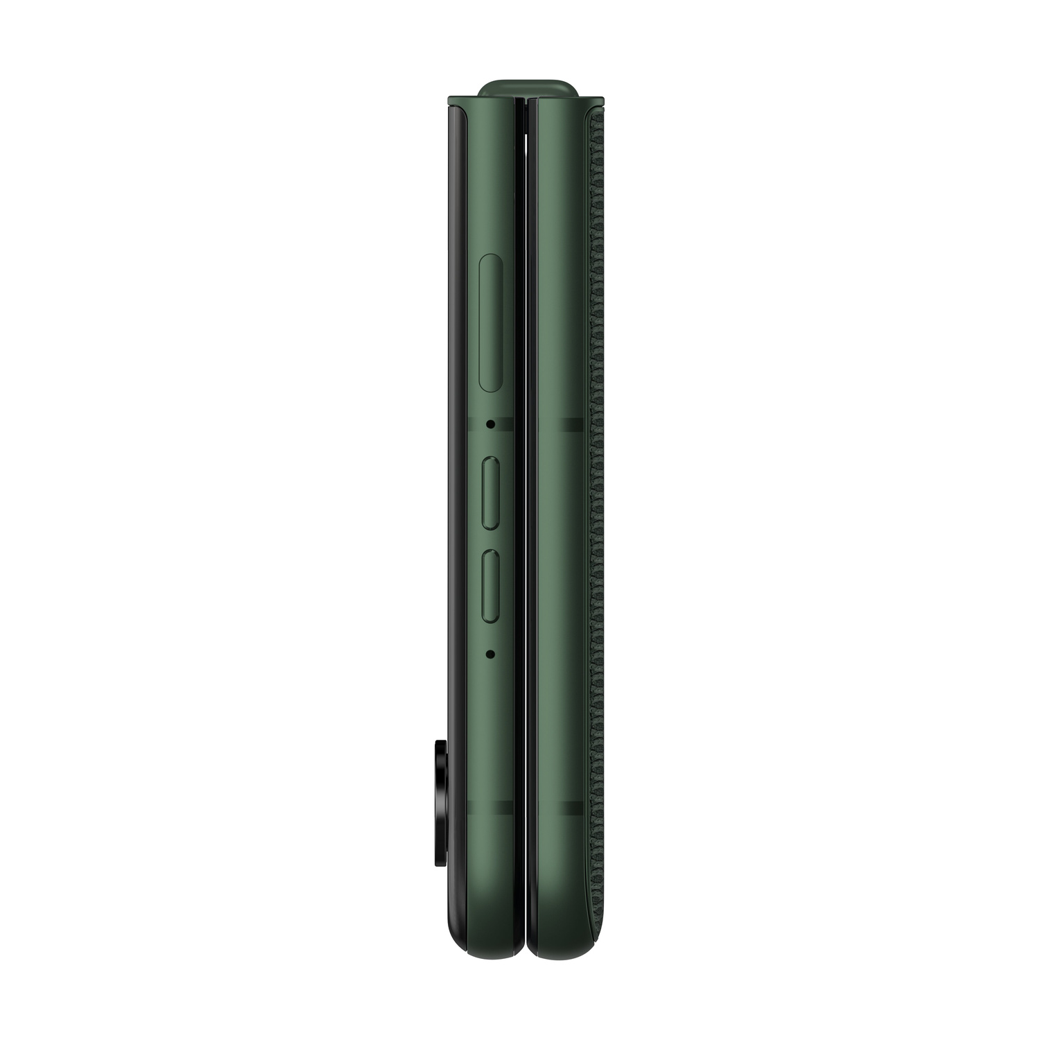 Smartphone pieghevole verde mostrato di profilo su sfondo bianco.