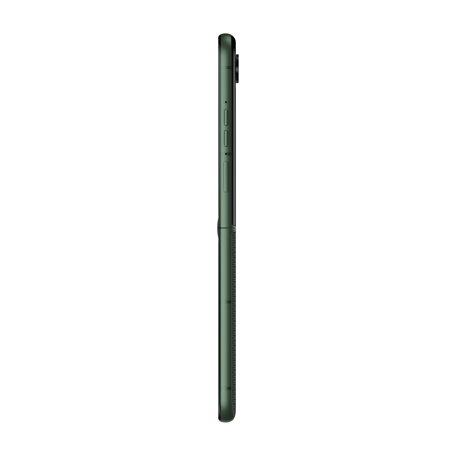 Un telefono a conchiglia chiuso, verde scuro, di profilo, con pulsanti sul lato.