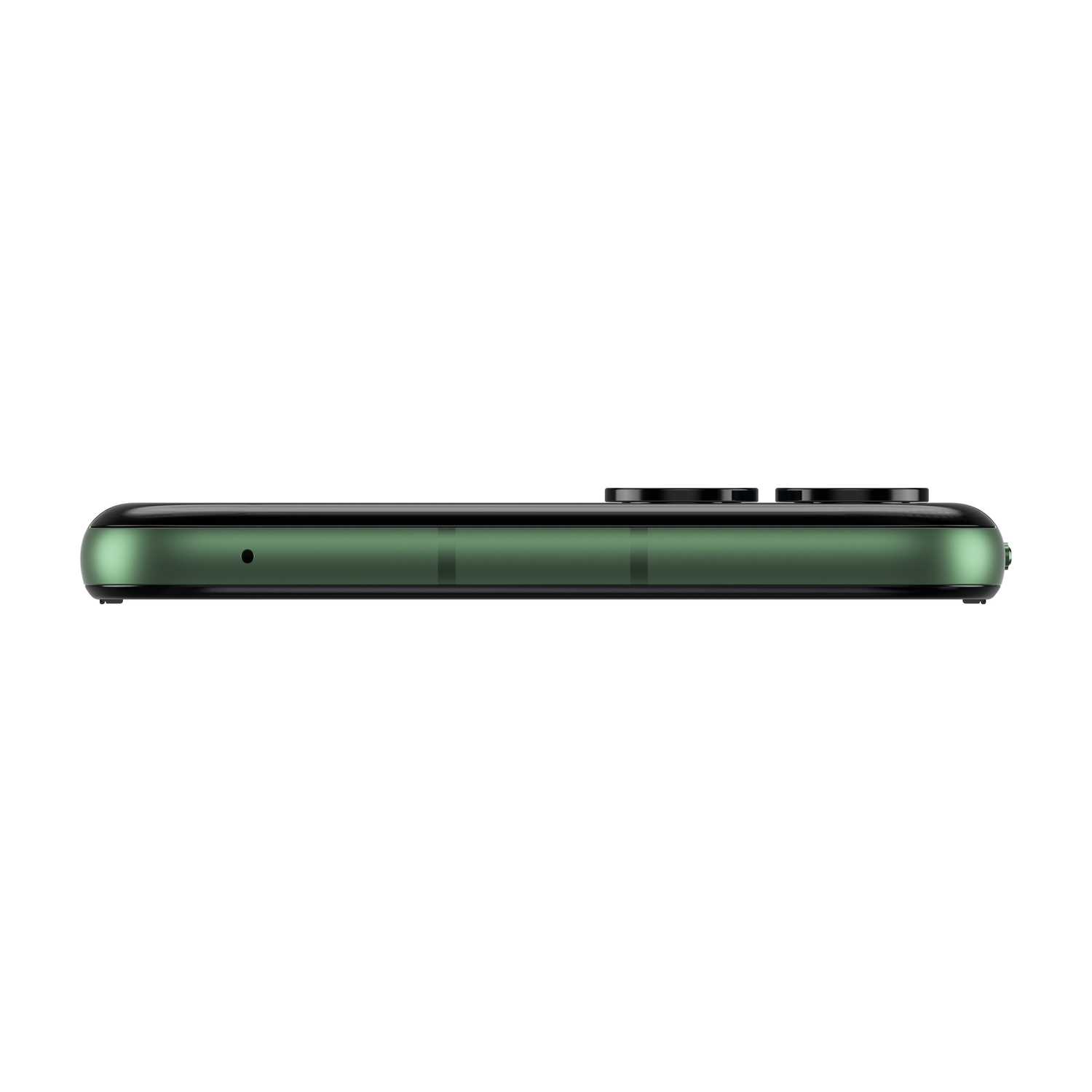 Smartphone verde scuro visto di lato, modulo fotocamera visibile.