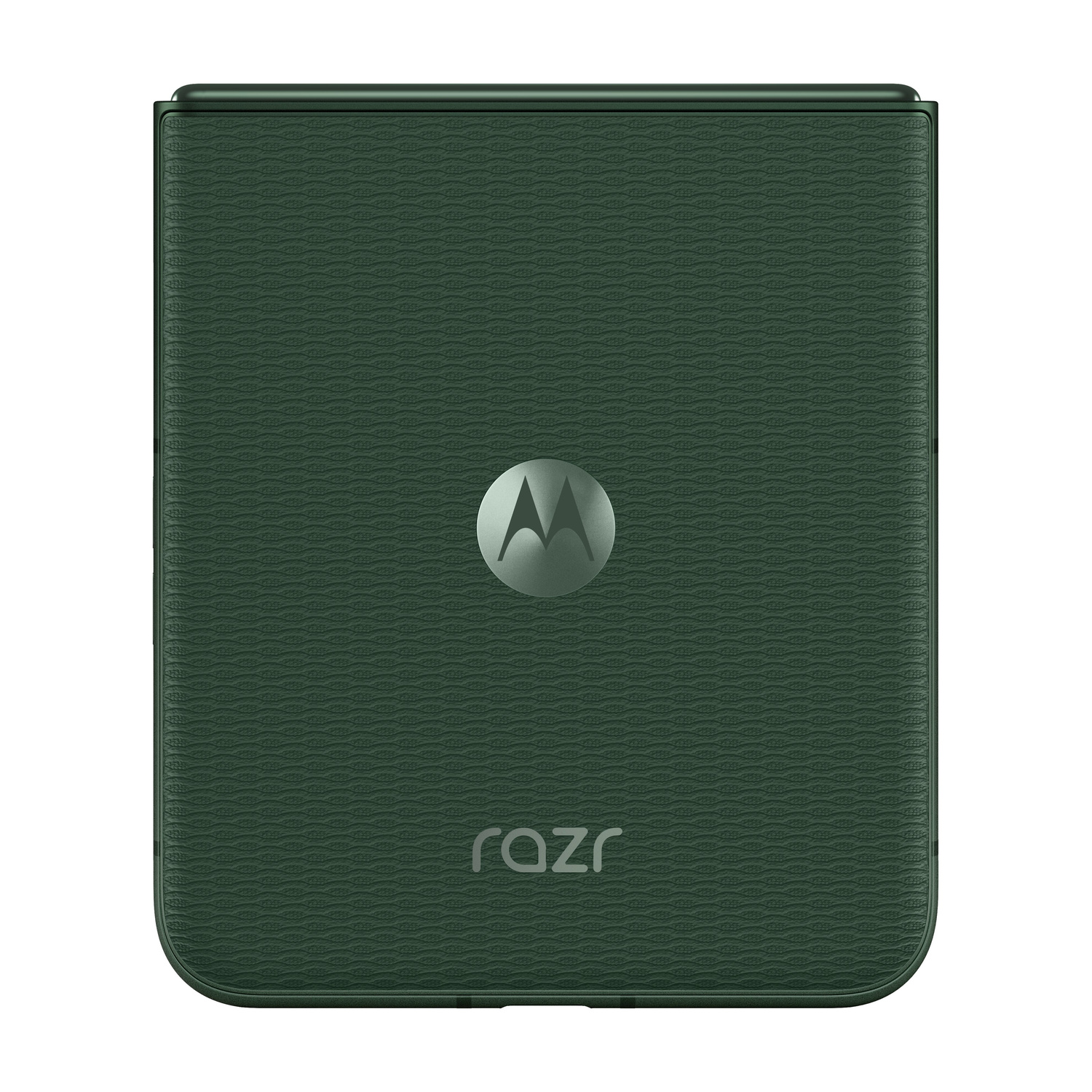 Un telefono a conchiglia chiuso, verde scuro, con logo Motorola e testo RAZR.