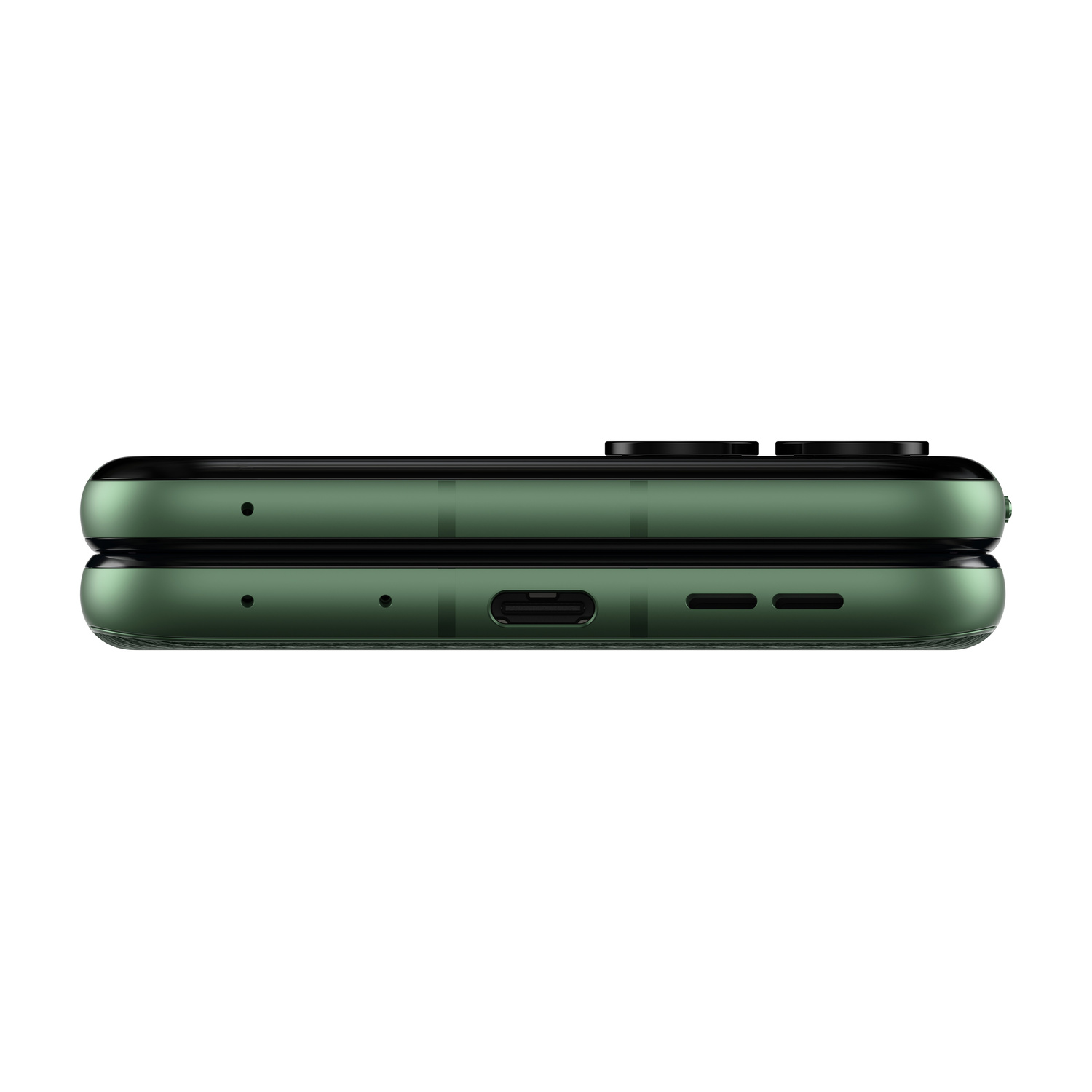 Smartphone verde con porta USB-C e fori dell'altoparlante sul lato.