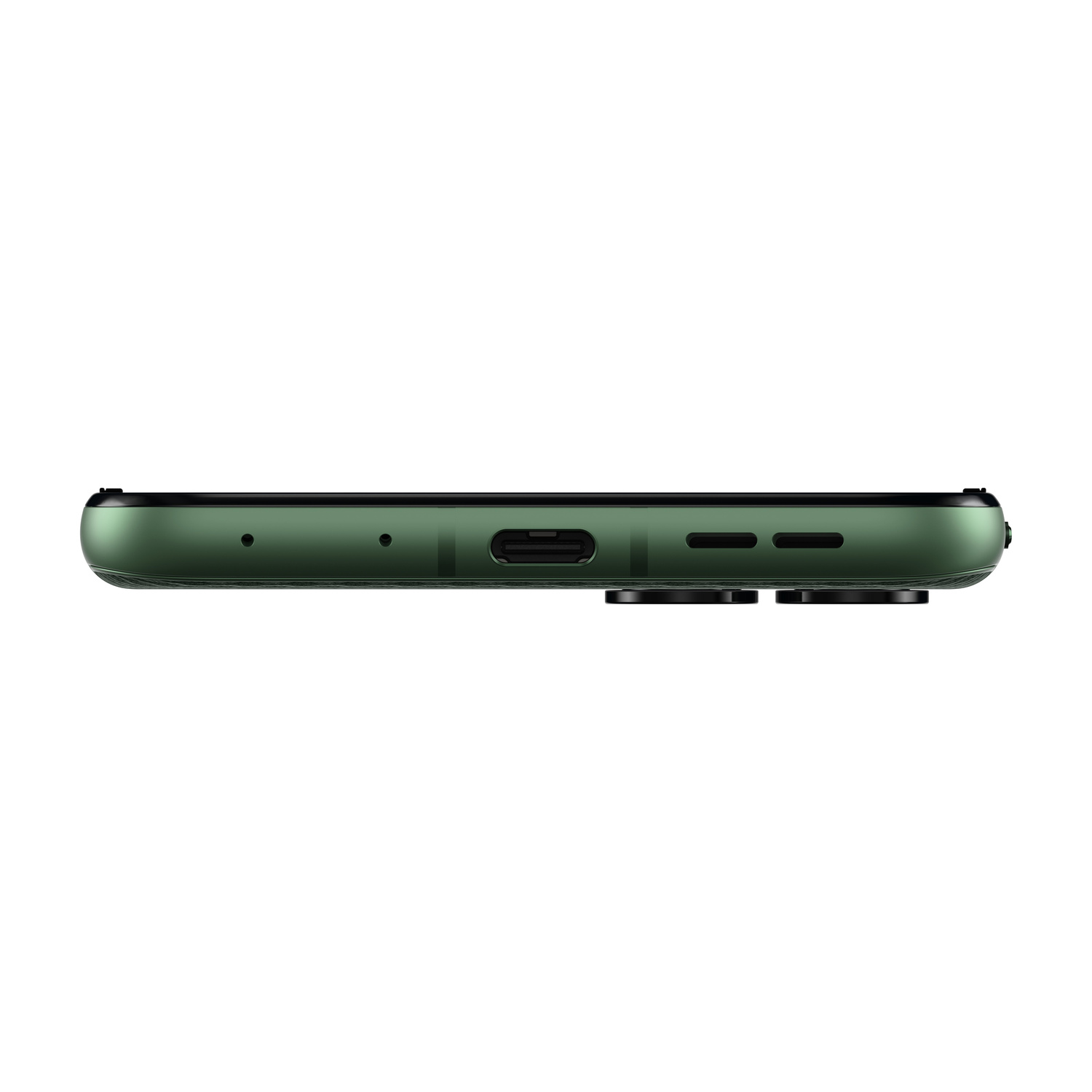 Primo piano del fondo di uno smartphone verde con porta di ricarica e griglie.
