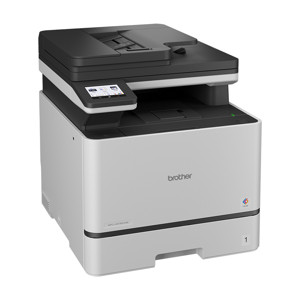 Ein weißer Brother MFC-L8730CDW Laserdrucker mit Touchscreen und Papierfach.