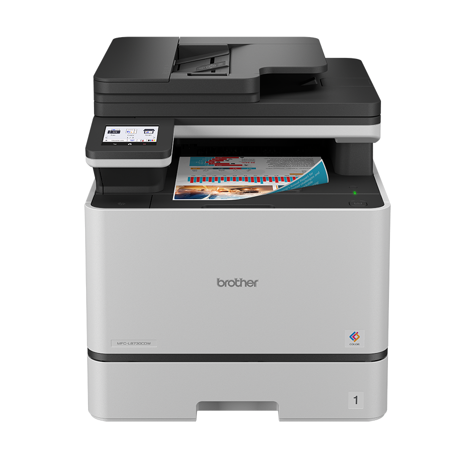 Ein Brother MFC-L8730CDW Farblaser-Multifunktionsdrucker mit ausgedrucktem Bericht.