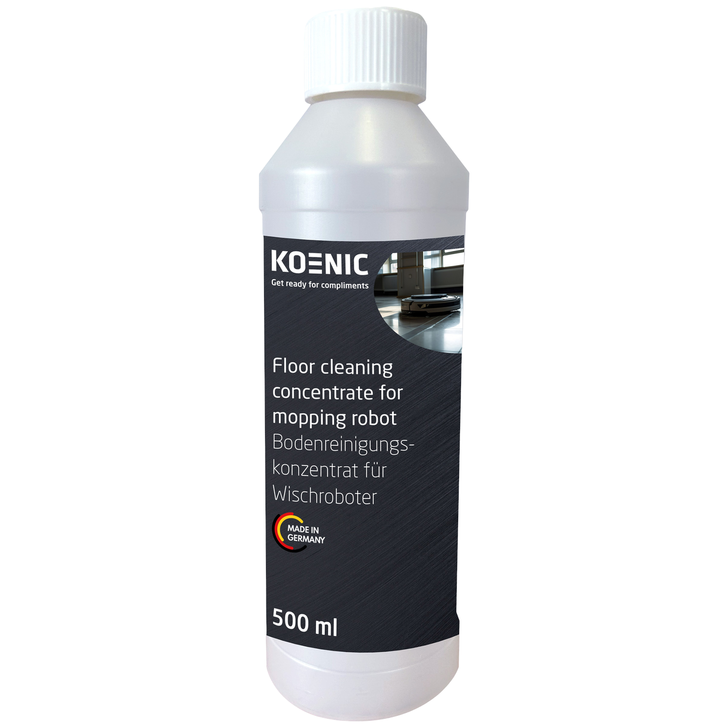 Witte fles Koenic vloerreiniger concentraat voor dweilrobots, 500 ml.
