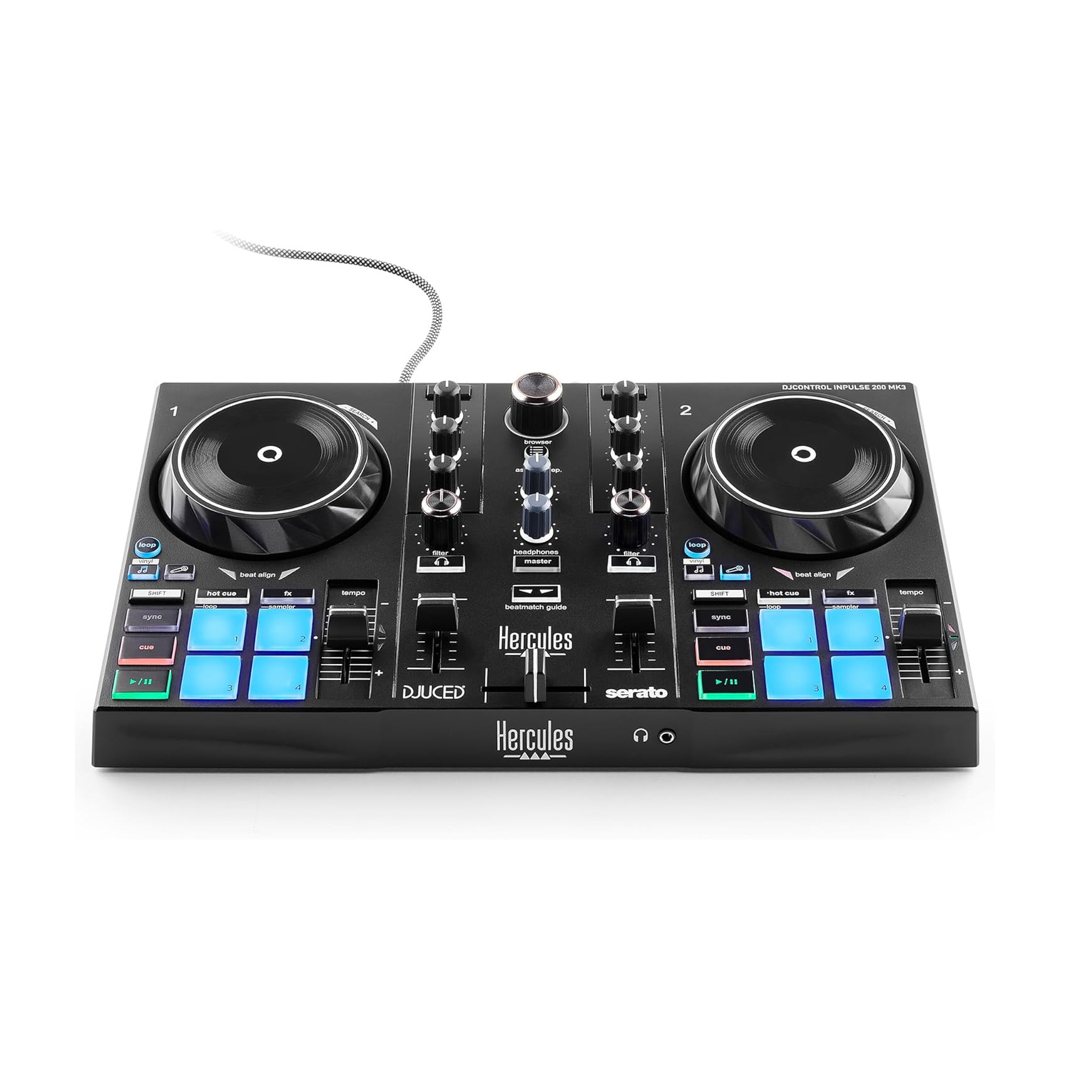 Controller DJ nero con due jog wheel, luci e slider.